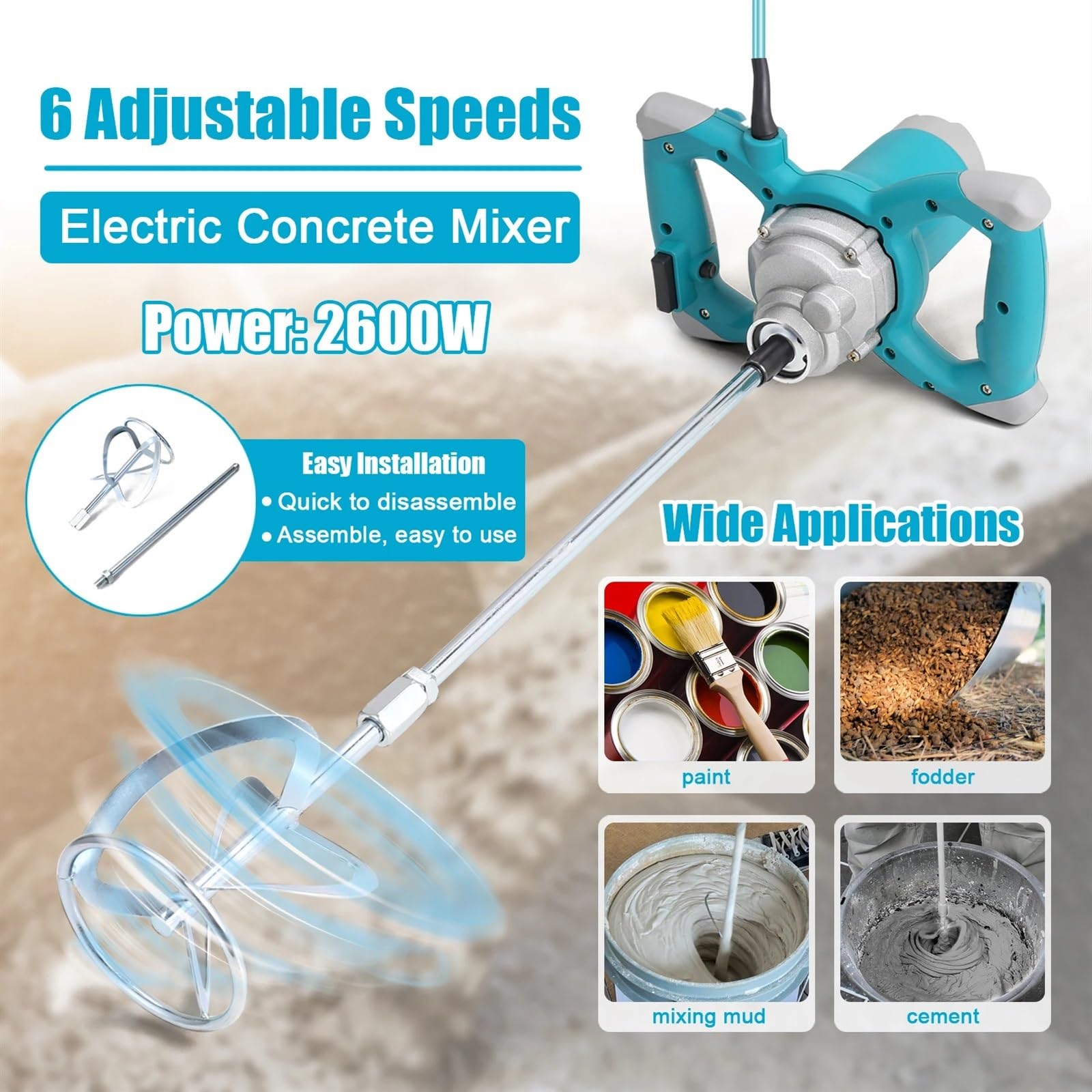 Mezclador de concreto eléctrico portátil 2400 W, mezclador cemento mano 6 velocidades ajustable, herramienta for mezclar mortero y lechada