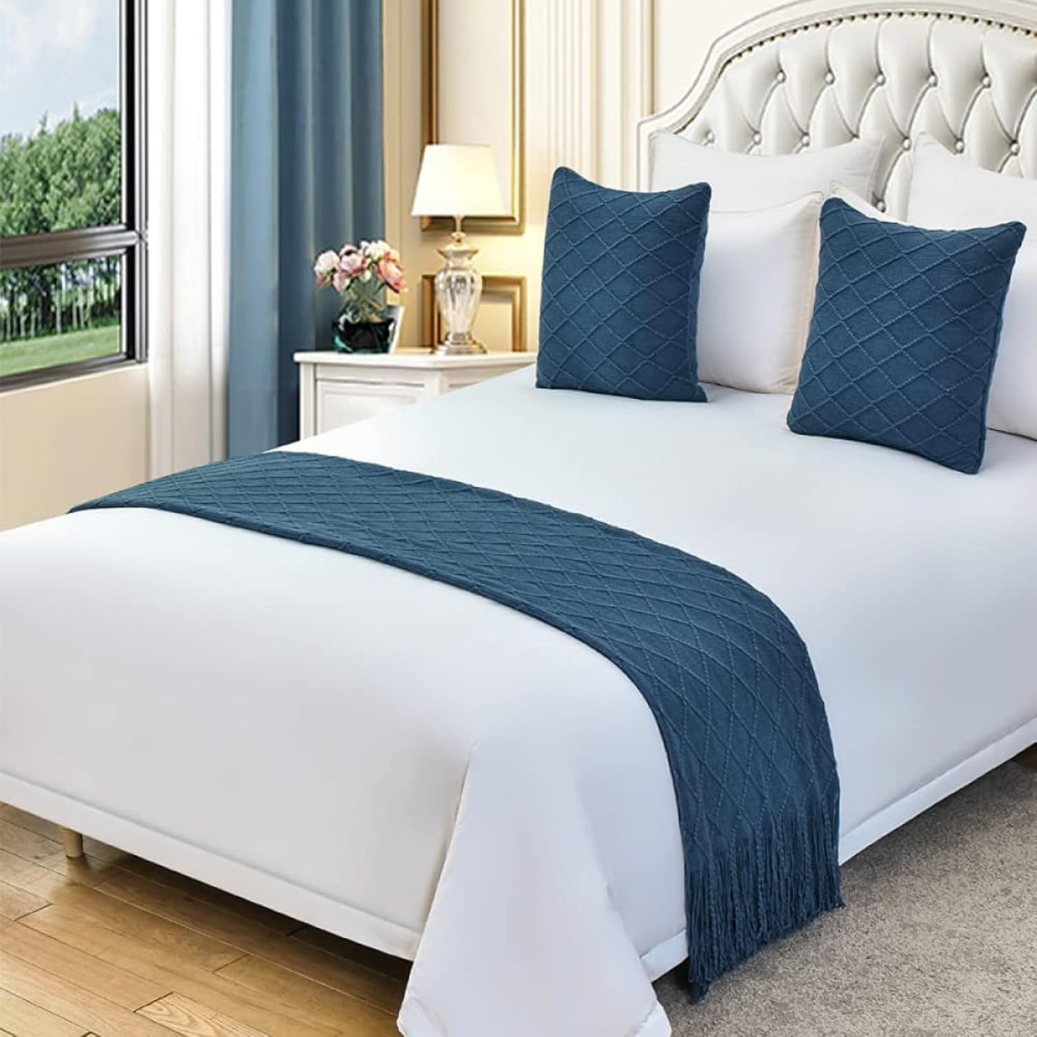 Solid Color Knit Bed Runner with Tassels for King Size Bed, Stylish Woven Bed Scarf for Hotel & Home Decor, Perfect for Queen & Double Beds (Dark Grey 23.6x94inch) B Navy King 23.6x102inch