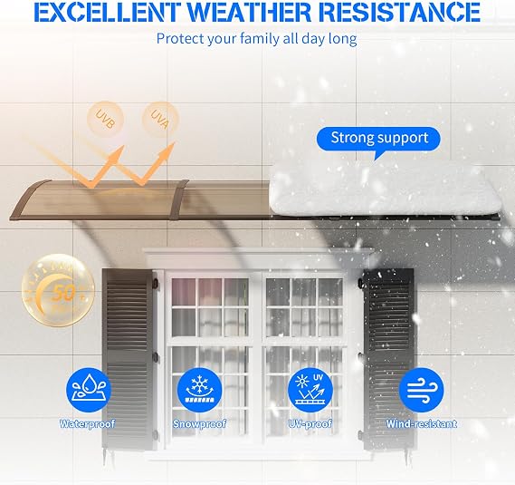 24x40 Door Awning Exterior, Polycarbonate Window Canopy ABS Bracket, Leak-Proof Sealing Front Door Rain Shelter, UV Rain Snow Protection for House Porch Patio Deck