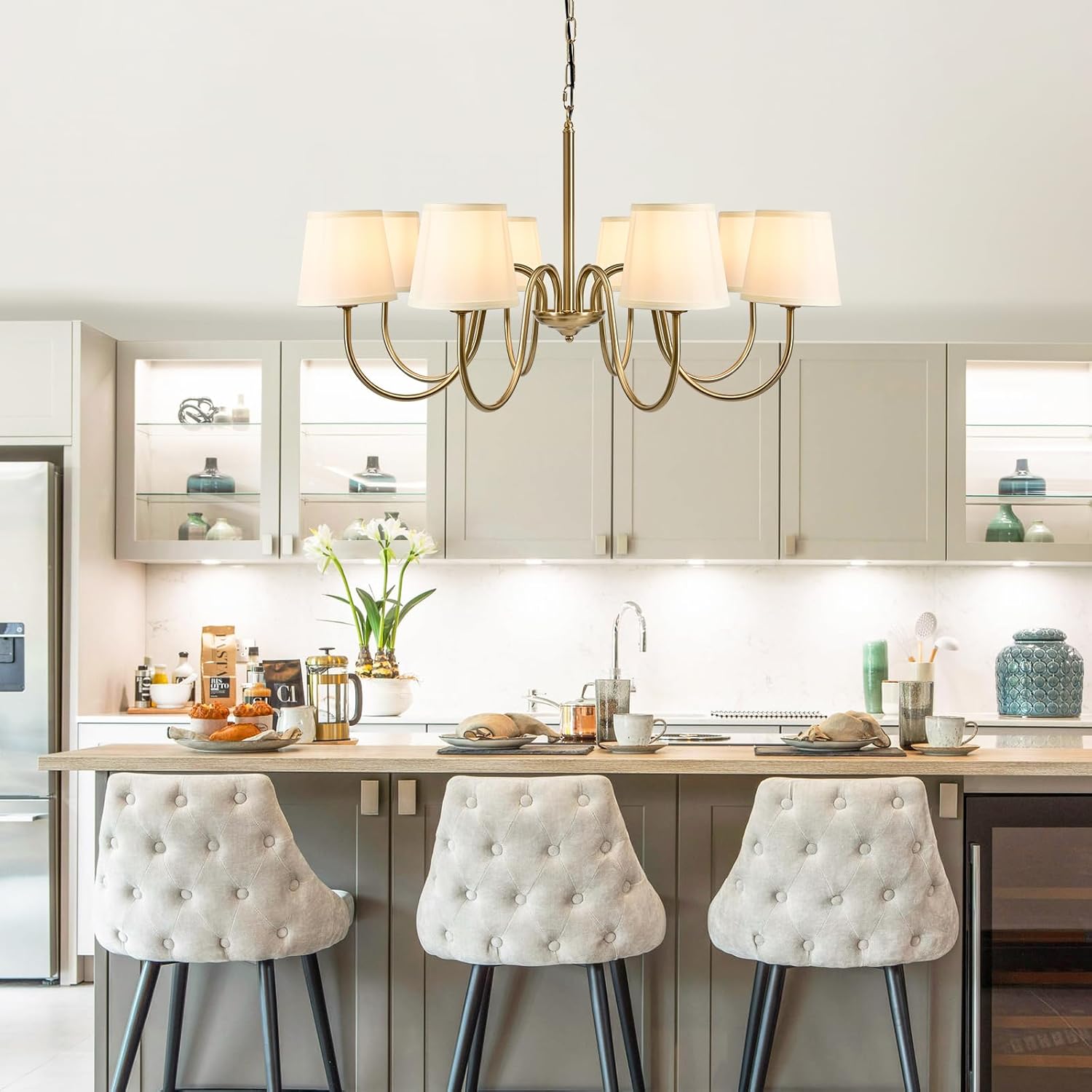 Brass Chandelier 8-Light Gold Pendant Light with Fabric Shades 34.65" Adjustable Metal Candle Ceiling Light Fixture for Dining Room Living Room Foyer Bedroom