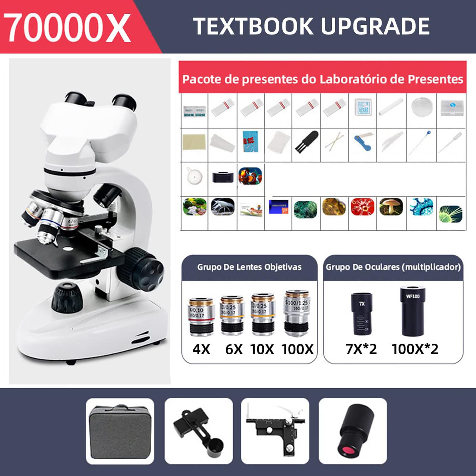 Microscopio De InvestigacióN De Laboratorio Profesional (30000X- 50000X-70000X), Microscopio Compuesto para Adultos/Estudiantes, Luz LED Ajustable, Ajuste Coaxial Grueso Y Fino,70000X