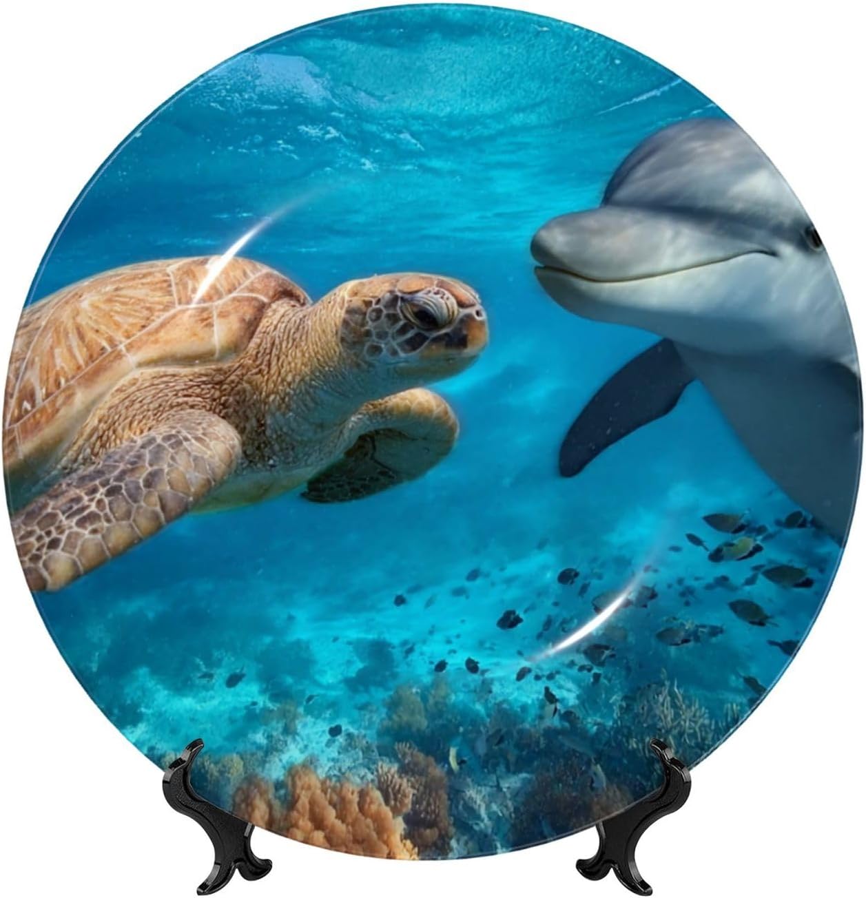 Bone China Decorative Plate with Display Sea Turtle Dolphin Fish Ceramic Plates Crafts Art Decor Dessert Plate Ceramic Ornament Porcelain Plates for Living Room Kitchen Table Home Decor