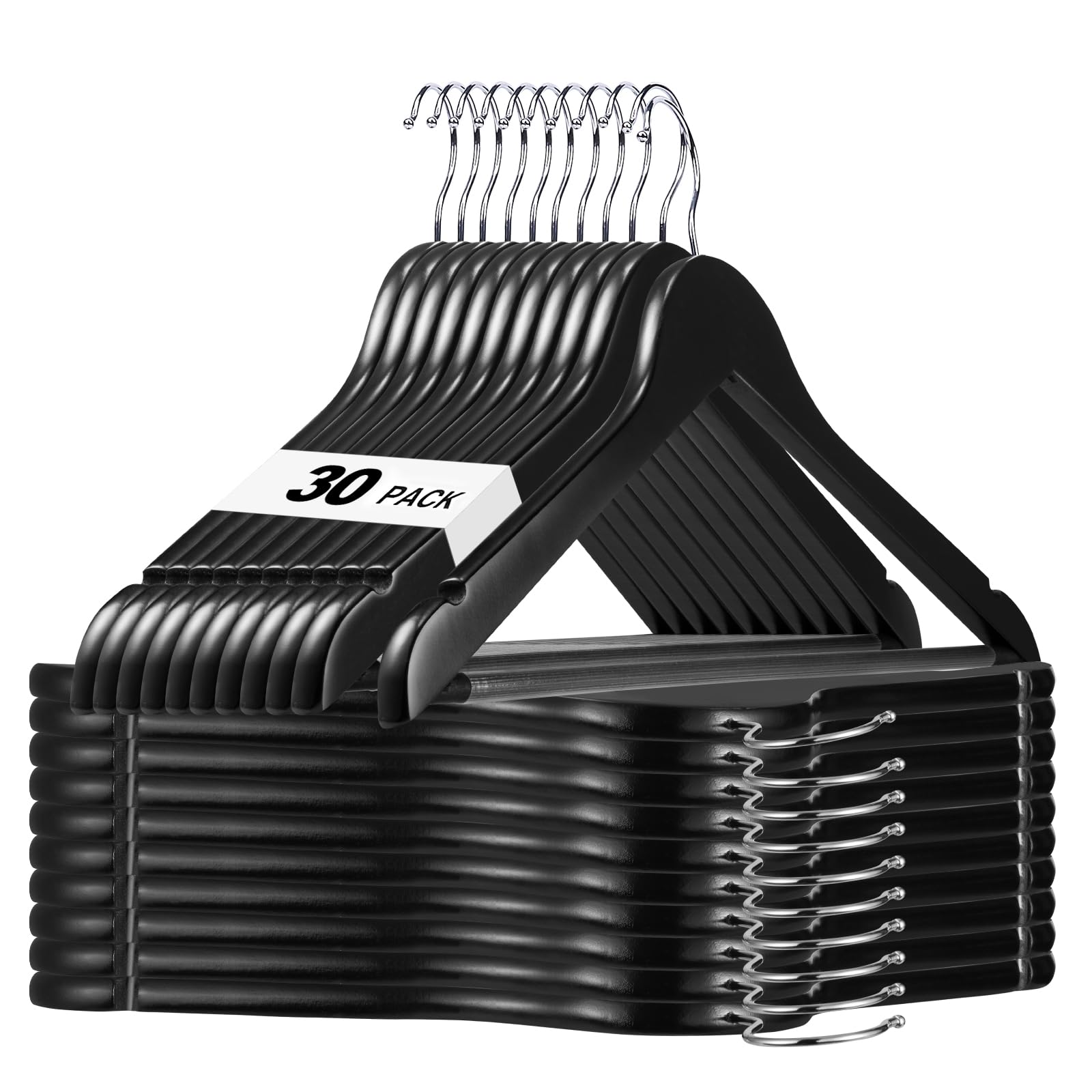 HOUSE DAY Black Wooden Hangers 30 Pack, Solid Wood Hanger with Non Slip Pant Bar, Heavy Duty Wooden Coat Hanger for Closet, Smooth Finish Wood Clothes