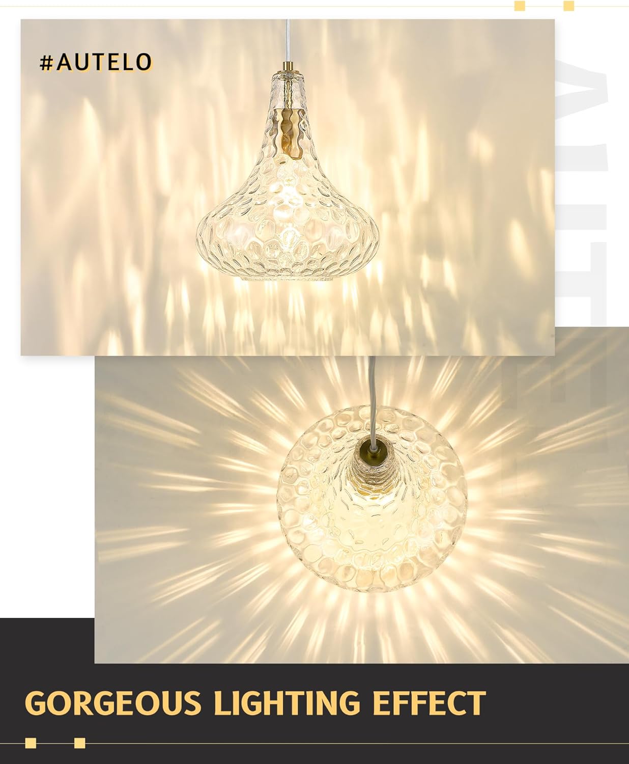 AUTELO Gold Pendant Lights, 10" Hammered Pendant Lights Kitchen Island, Farmhouse Hanging Lights in Brushed Gold Finish and Clear Hammered Glass, Hanging Light Fixture for Kitchen Island, H9164 HMBG