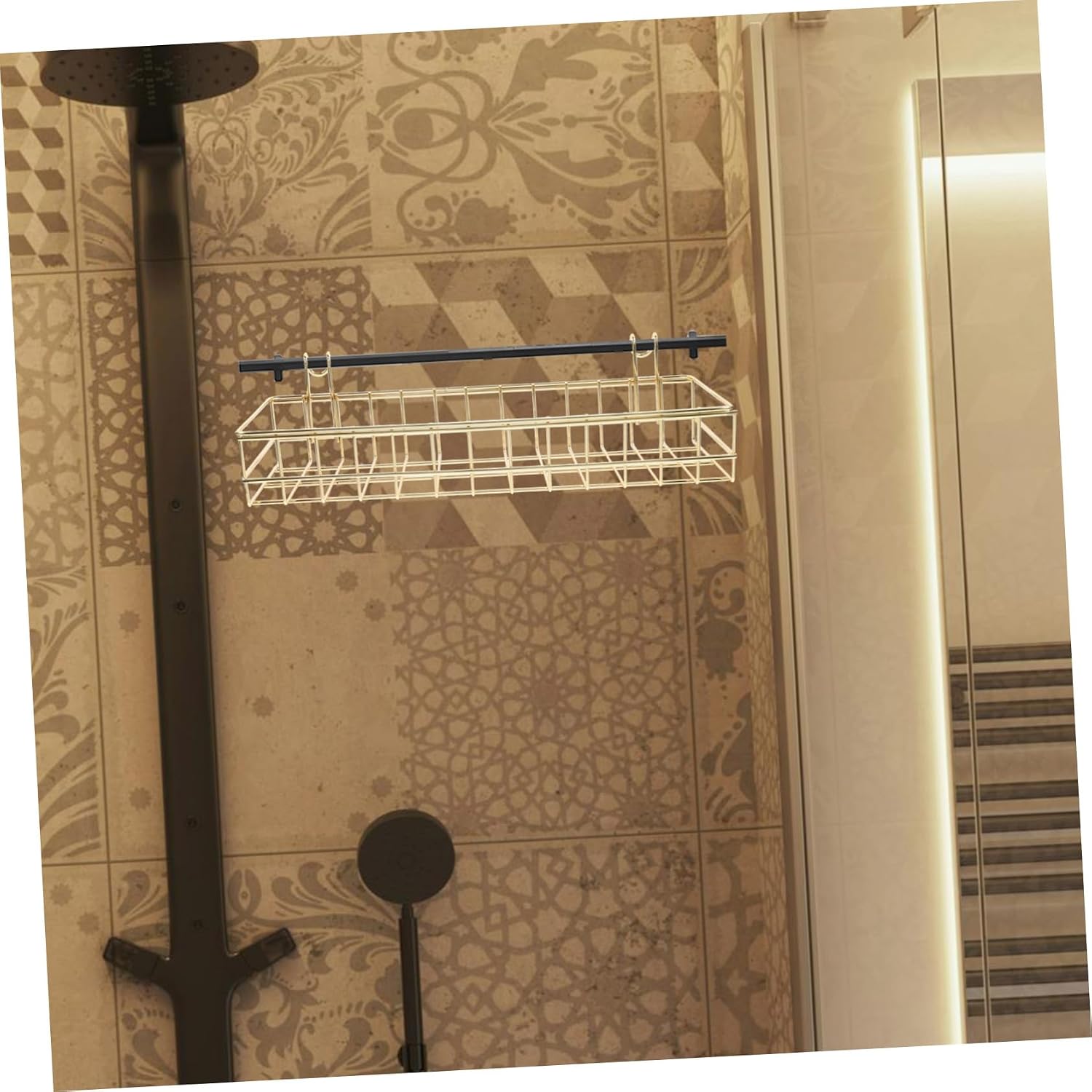 2Pcs Wall Grid Organizer with Gold Wire Baskets Versatile Wall Hanging Shelf for Home Supplies Easy Installation Display Hanging Basket Shelf with Hooks