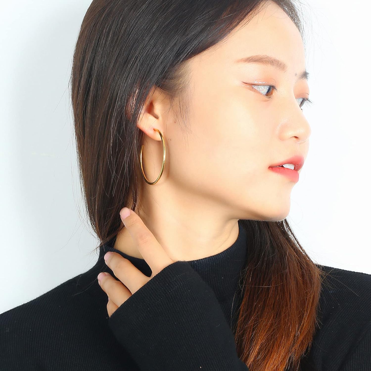 TGNEL Titanium Earrings Hoops | Polished Thin Open C Hoop Earrings Titanium for Women Men Sensitive Ear 9mm-50mm