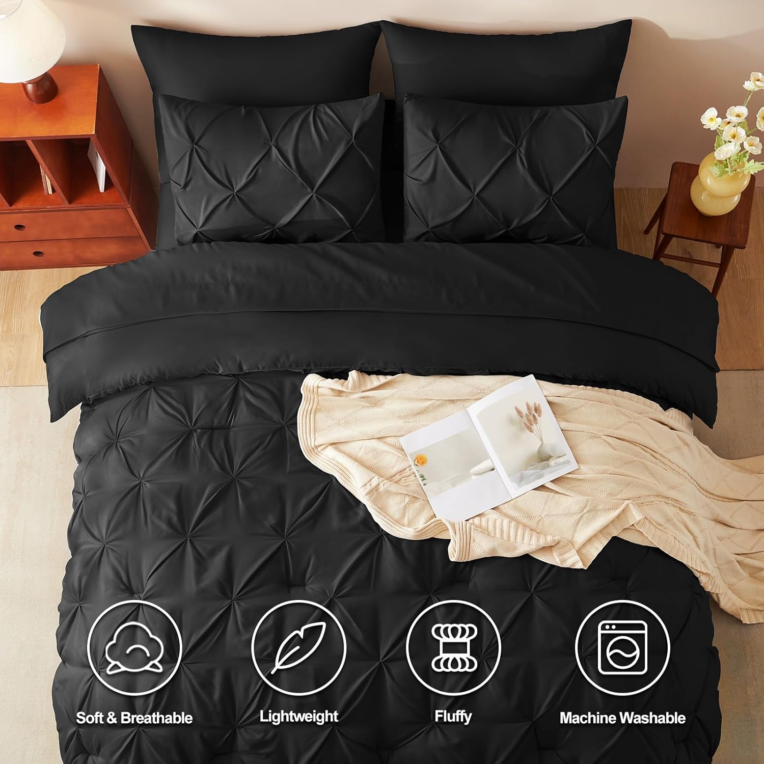 CozyLux Twin Comforter Set with Sheets Black, 5 Pieces Pintuck Bed in A Bag, Twin Bed Set Gift for Family, Pinch Pleat Bedding Set with Comforter, Sheets, Pillowcase & Sham - Image 2