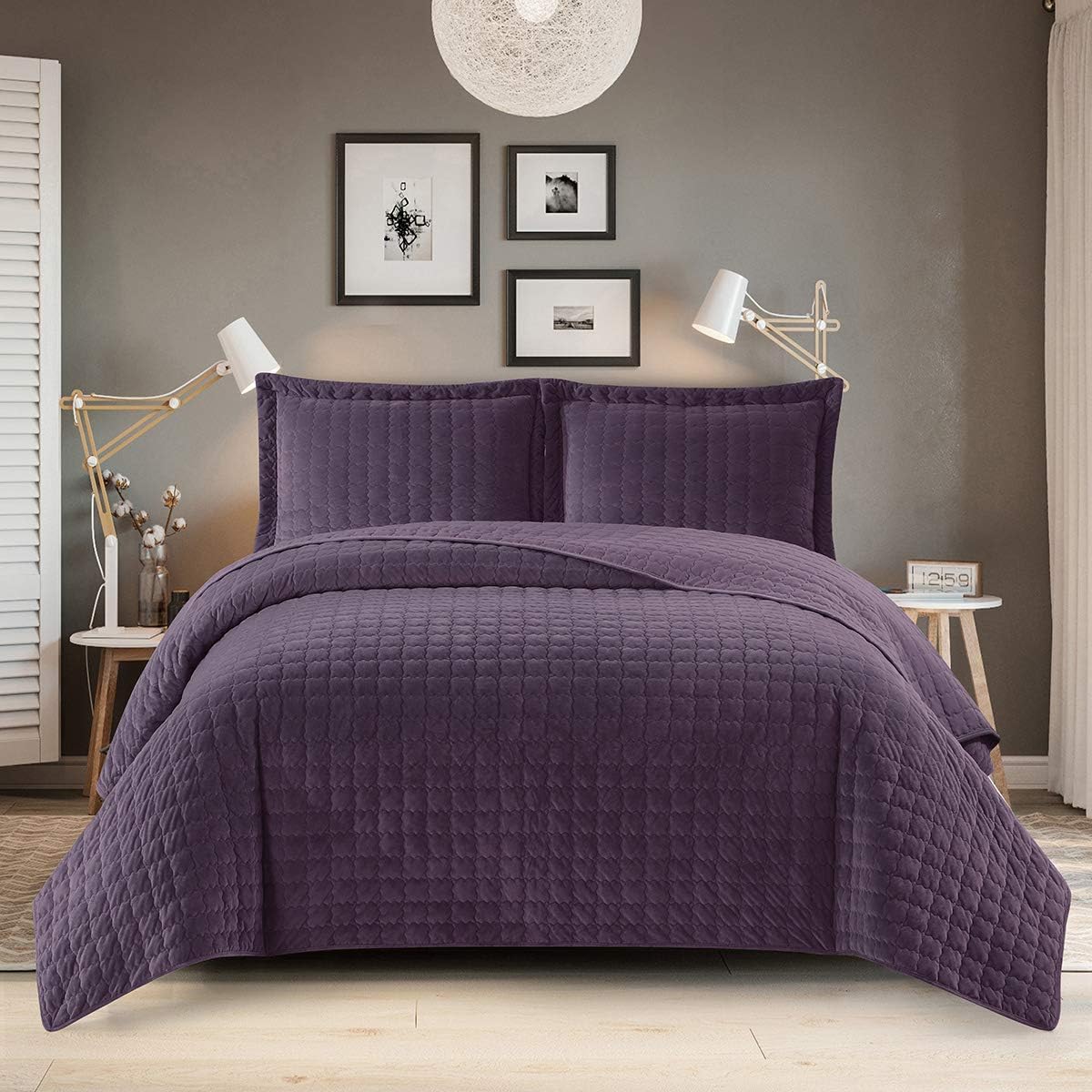Royal Hotel Bedding Plush Velvet Queen Size Quilt, Purple 92x96 Inches Coverlet 3pc Set, Oversized Luxury 100% Velvet Quilt Queen Purple