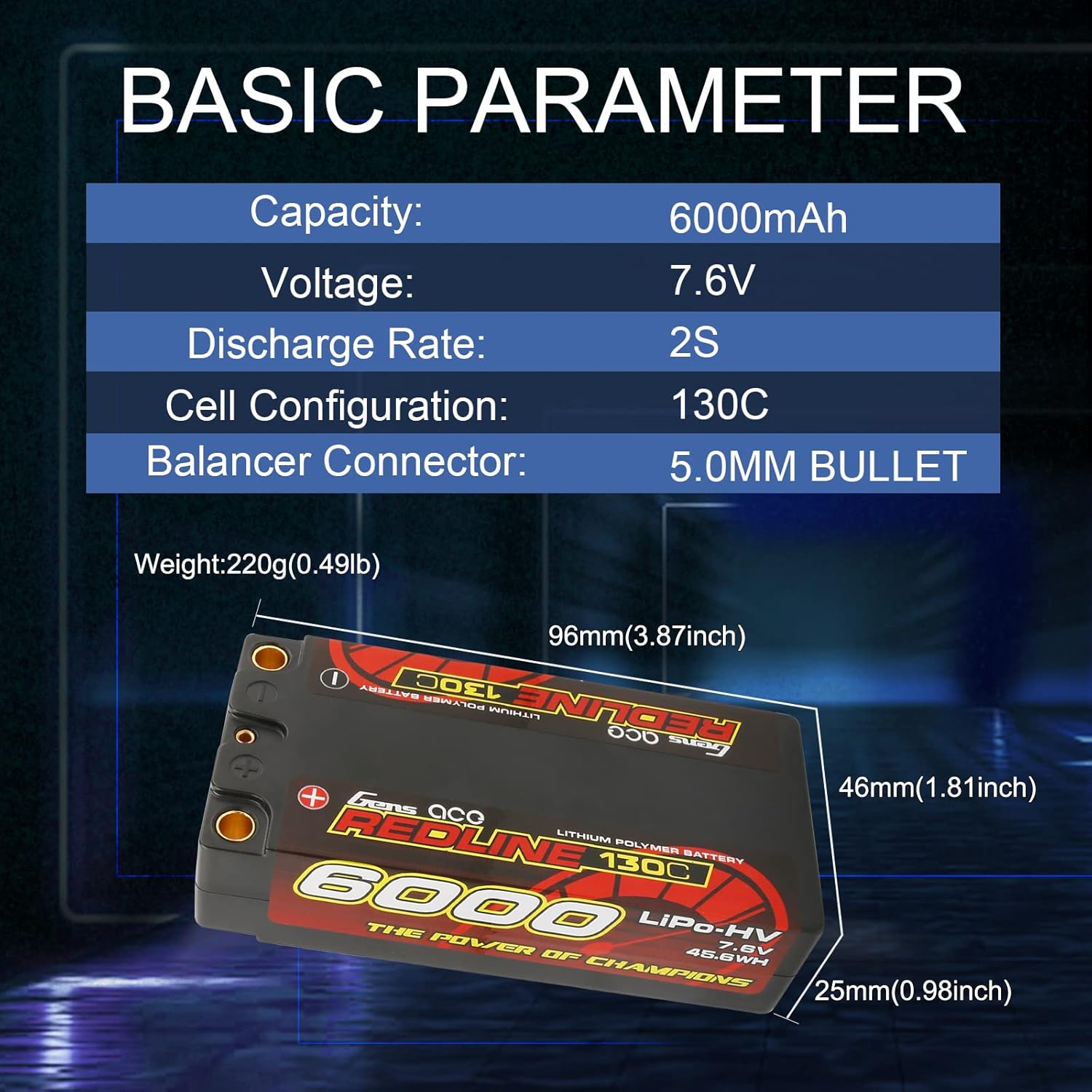 Gens ace 2S Shorty Lipo Battery Redline Series 6000mAh 7.6V 130C 2S2P HardCase HV Lipo Battery for with 5.0mm Bullet for 1 8 1 10 RC Racing Car Off Road Racing F1 Class FWD