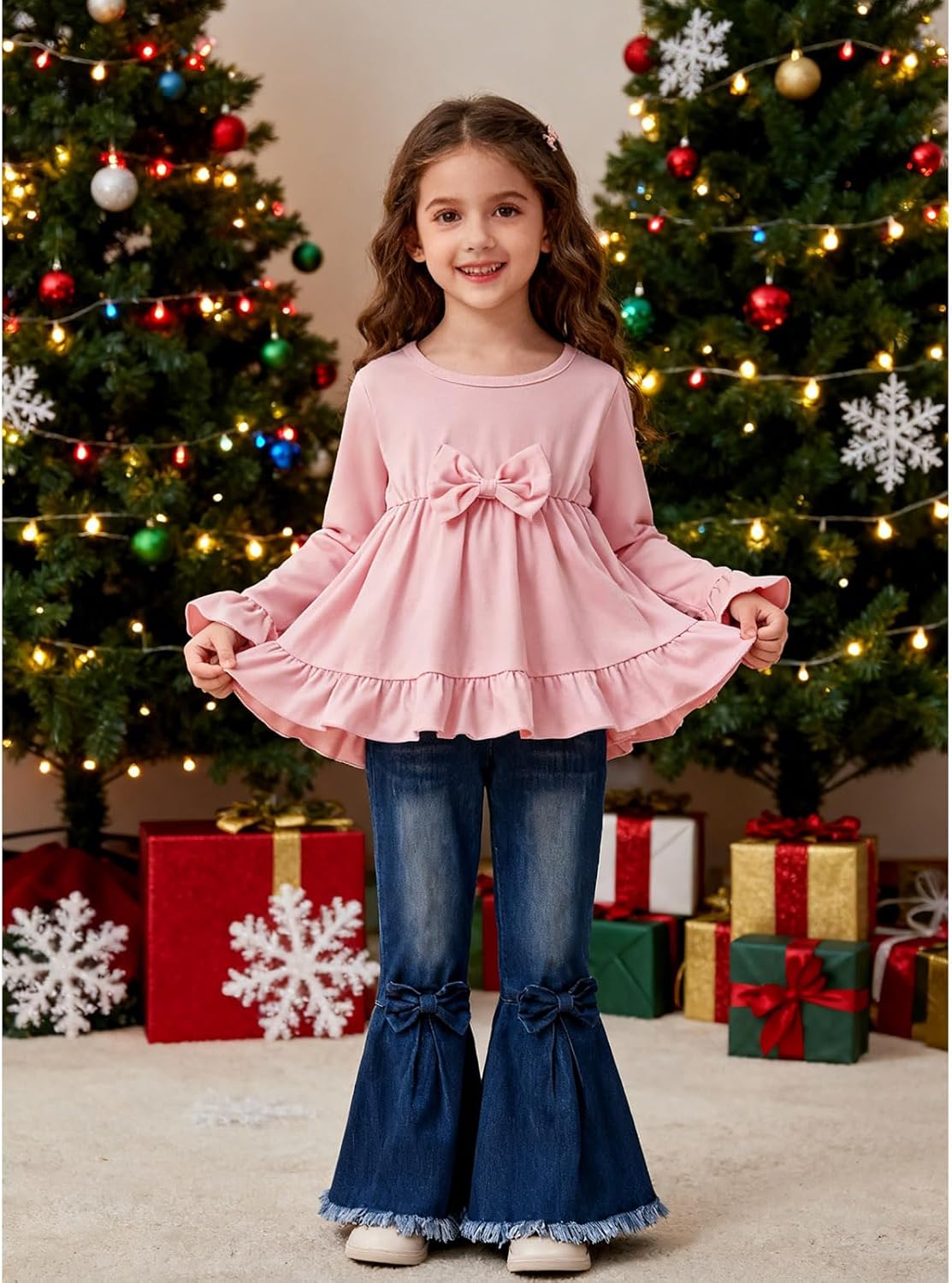 Kid Toddler Girl Clothes Bowknot Ruffle Sleeve Top + Denim Bell Bottom Jeans Pants 2PC Fall Winter Outfit Set - Image 2