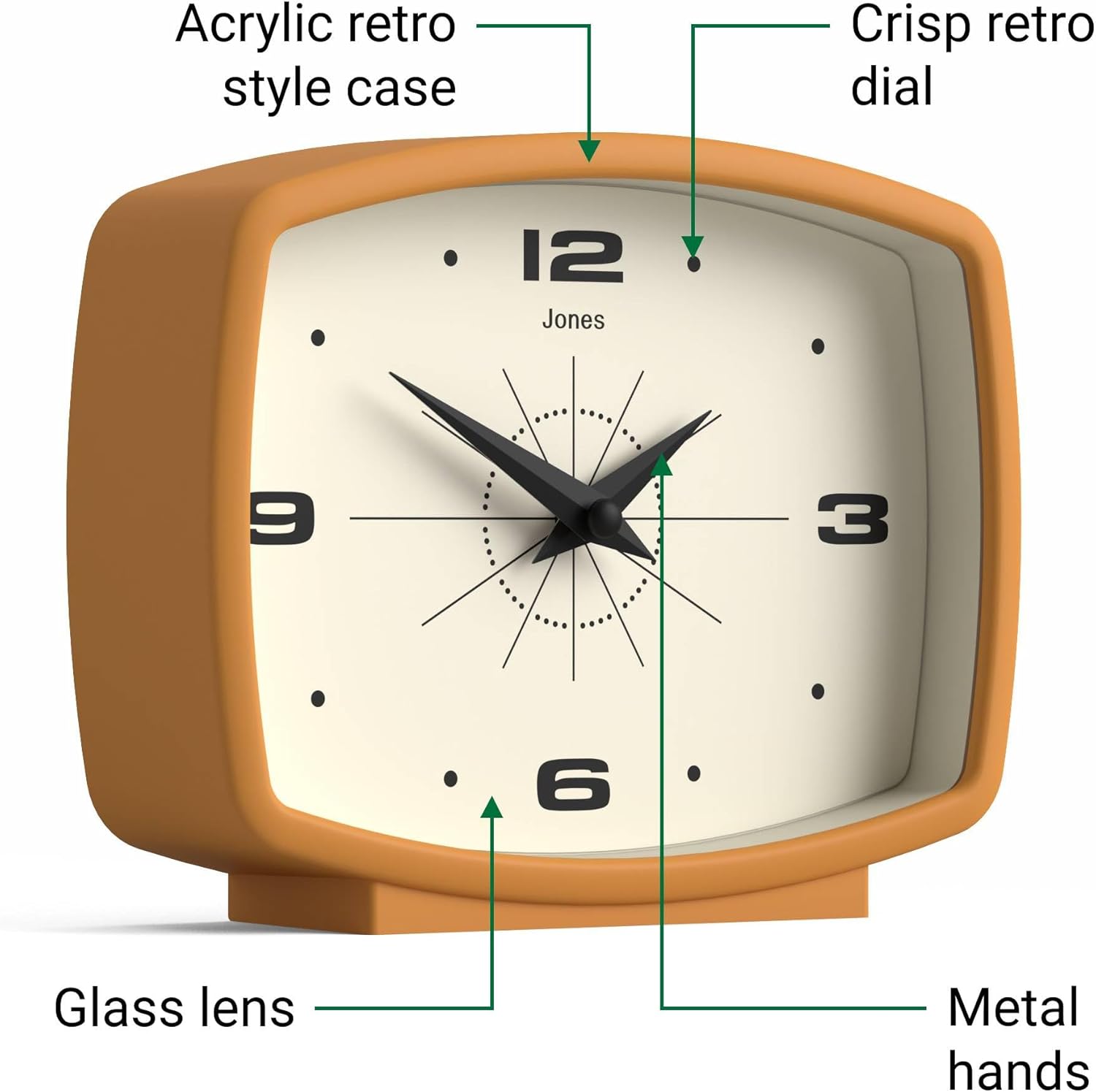 JONES CLOCKS® Film Desk Clock | Retro Rectangular Design | Mustard Yellow | Retro Design, Blending mid-Century Style with a Punchy Modern Finish for Shelf, Table, Mantel or Bedside