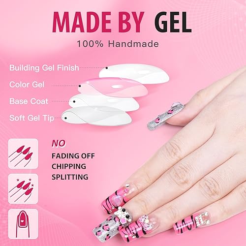 Miniatura 4 de Yasterd Uñas postizas cuadradas medianas con diseño de lazo manchado, 100% pintadas a mano de gel reutilizable con acabado UV, uñas postizas