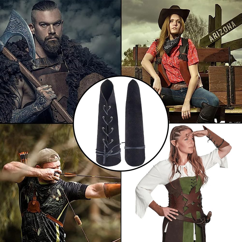 Archery Bracers Wrist Protection Medieval Leather Arm Guards - 2PCS Black PU Leather Gauntlets For Cosplay & Halloween Black Leather Gauntlets Cosplay Halloween