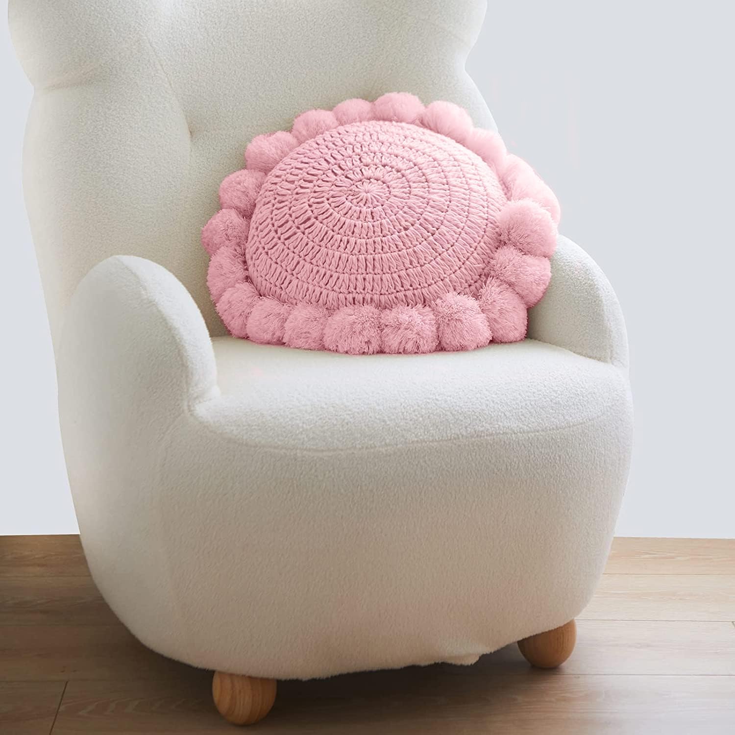 Boho Round Throw Pillow with Cute Handmade Pom Poms Tassels 18 Inch, Decorative Circular Knitted Crochet Cushion for Couch, Sofa, Chair, Bed, Pink