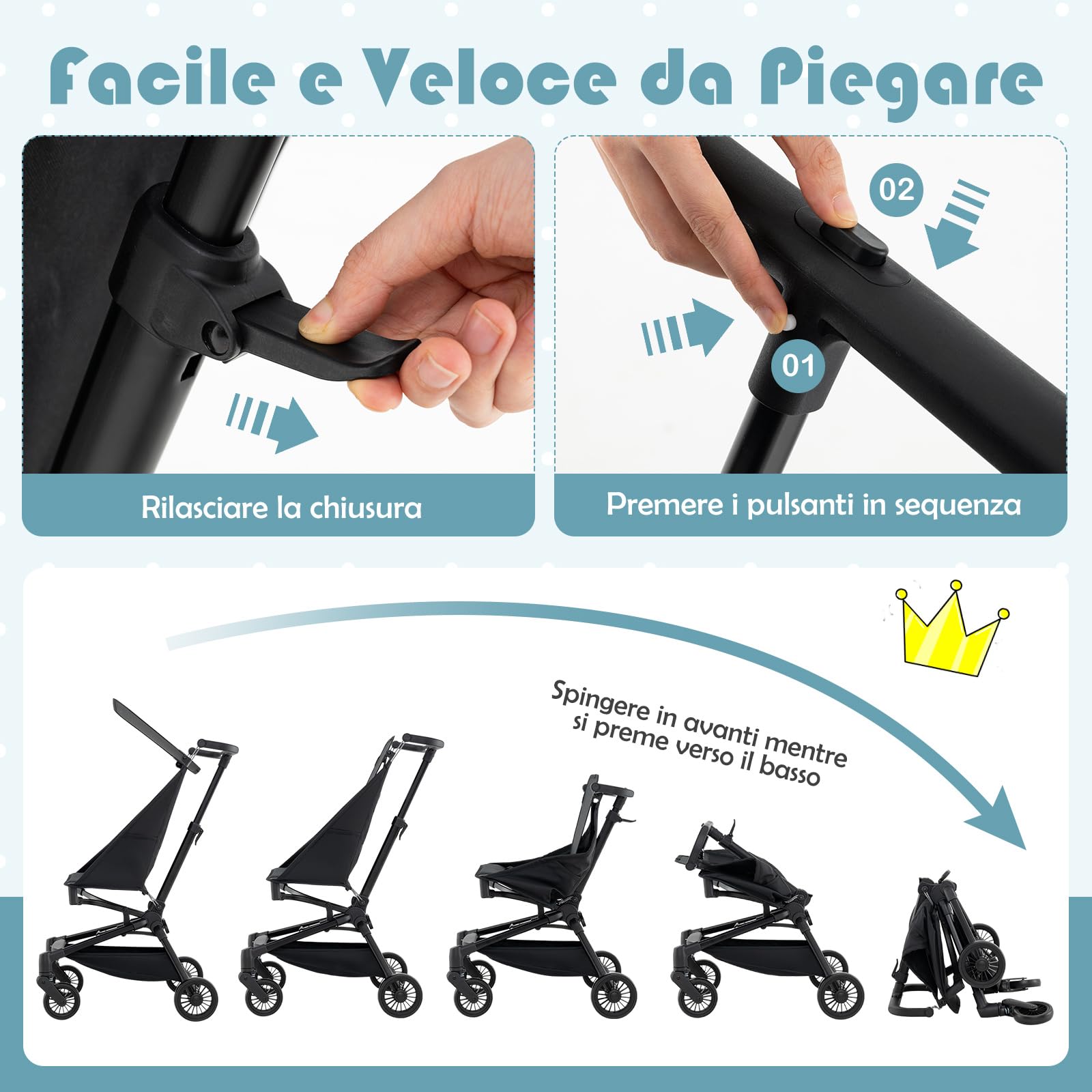 COSTWAY Passeggino Leggero per Bambini, Passeggino Compatto con Tettuccio Regolabile, Cestino di Stoccaggio e Ruote, Passeggino Pieghevole per Bambini 6+ Mesi
