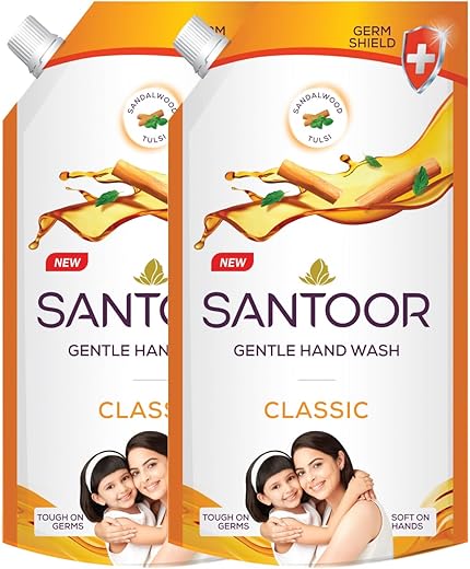 Santoor Classic Gentle Hand Wash with Natural Goodness of Sandalwood & Tulsi| Rich Lathering Formula With Anti-Bacterial Properties| Soft on Hands|…