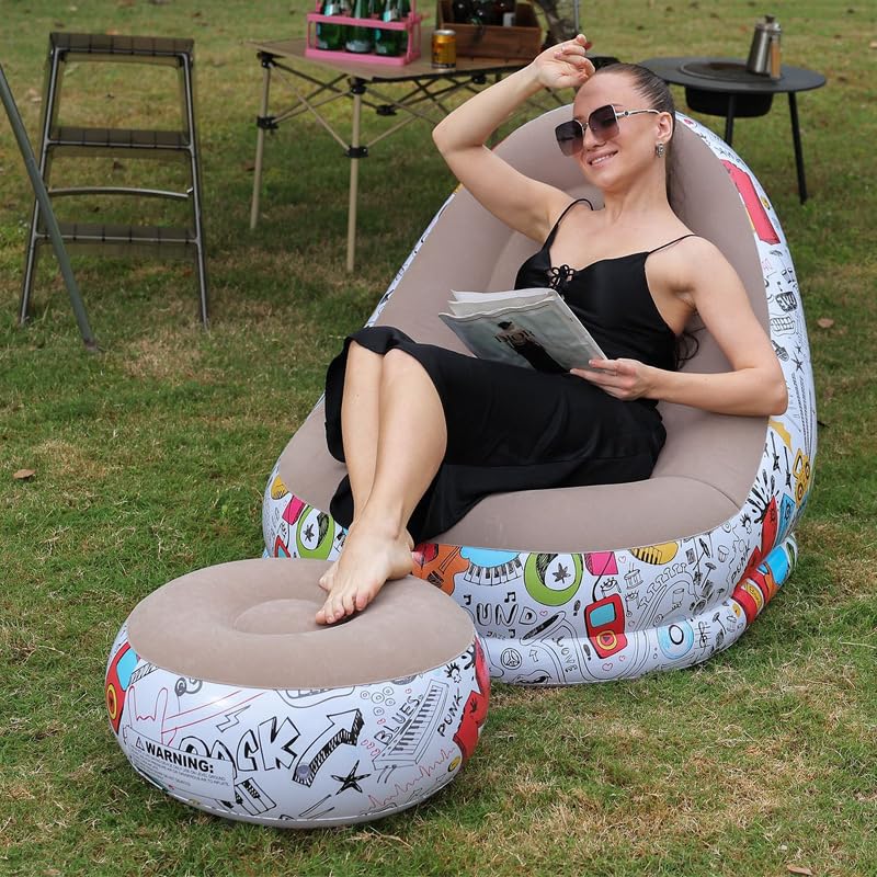 Image of Primechoice Pu, Plastic Inflatable Lounge Chair with Footrest 2-in-1 Air Sofa for Adults, Folding Portable Lazy Recliner with Pump for Indoor Living Room, Office, Outdoor Camping (Graffiti Grey)