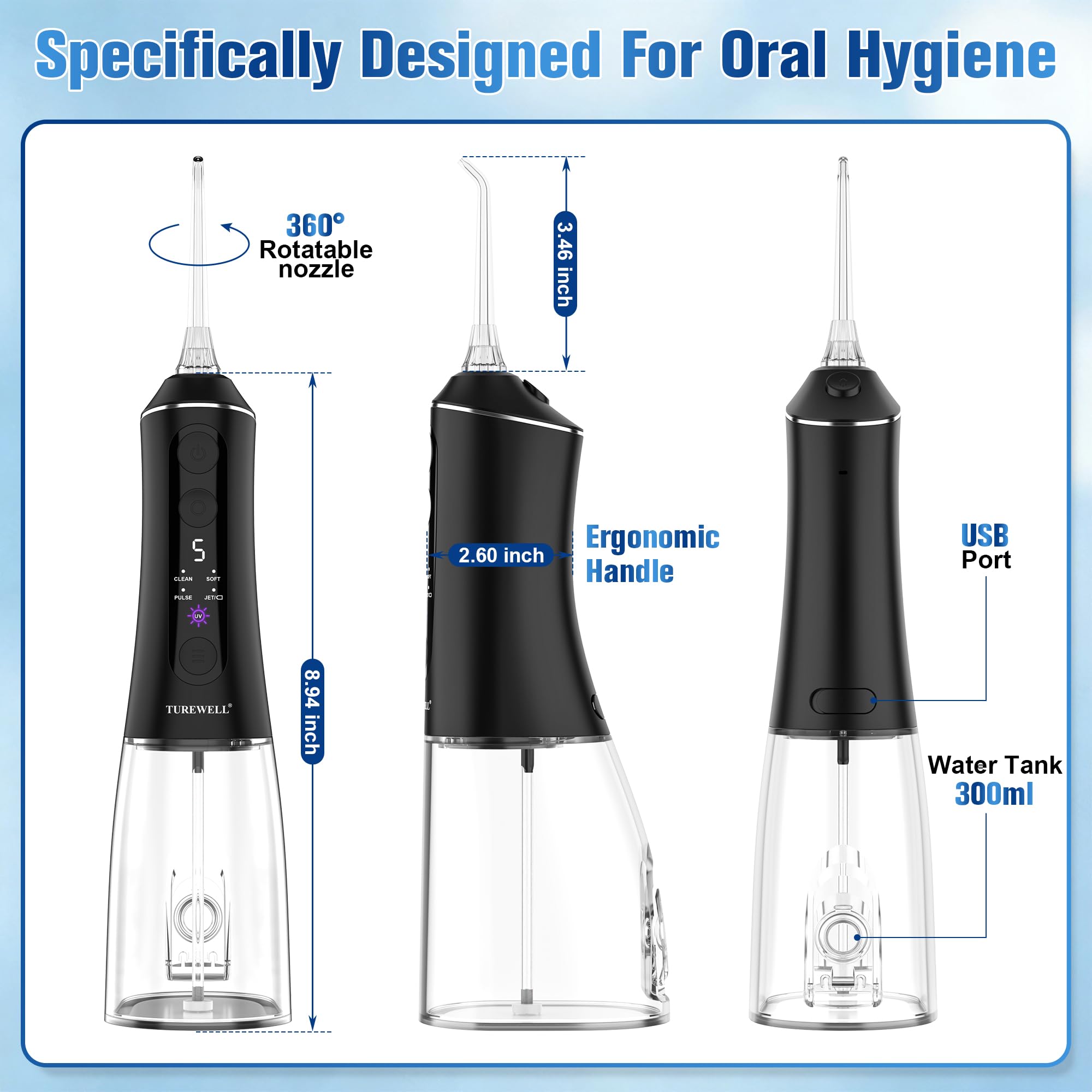 TUREWELL Idropulsore Dentale con Modalità UV, Irrigatore Orale Portatile | Serbatoio UVC 2 in 1, regolazione 5 livelli, impermeabile IPX7, batteria fino a 40 giorni, serbatoio 300 ml