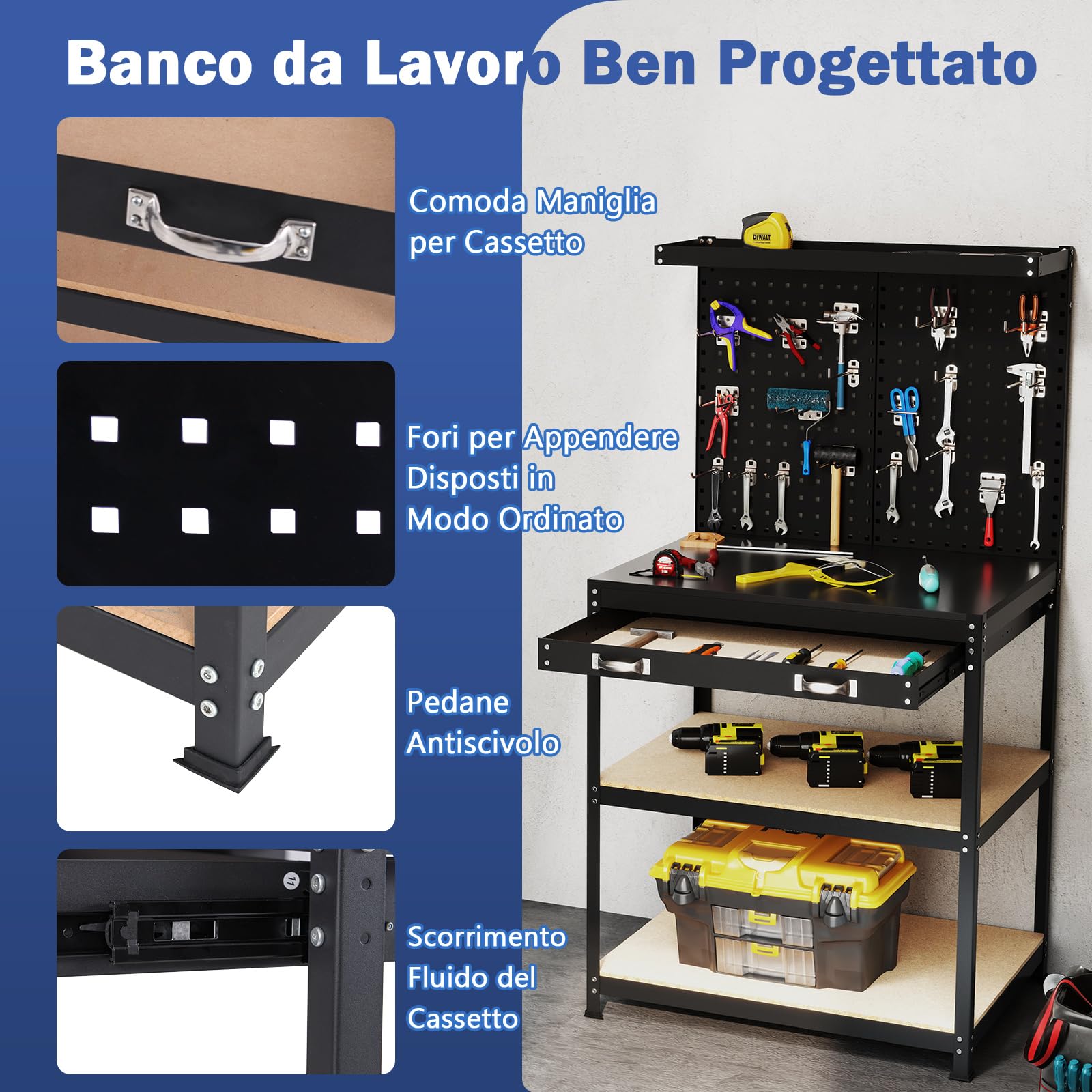 COSTWAY Banco da Lavoro con Piano da 81 x 41 cm, Banco da Lavoro Officina con Pannello Forato e 20 Ganci, Cassetto e 2 Ripiani, Tavolo Lavoro per Garage Capacità 225 kg (Nero, 81 x 41 x 156 cm)