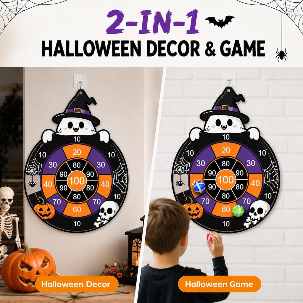 Halloween Party Games for Kids, Halloween Dart Board Witch Hat Ghost Theme Game for Indoor Outdoor Sports Party Favors Supplies with 12 Sticky Balls