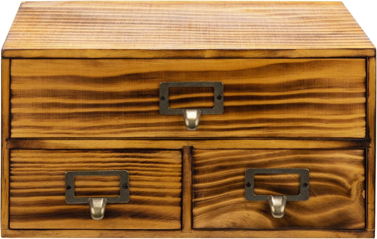 3-Drawer Charred Ebony Wood Desktop Cabinet - Classic Brown Desktop Chest Drawer Unit - Vintage Solid Wood Storage Drawers for Table - Office Study Table Organizer Cabinet - Card Catalog Drawers…