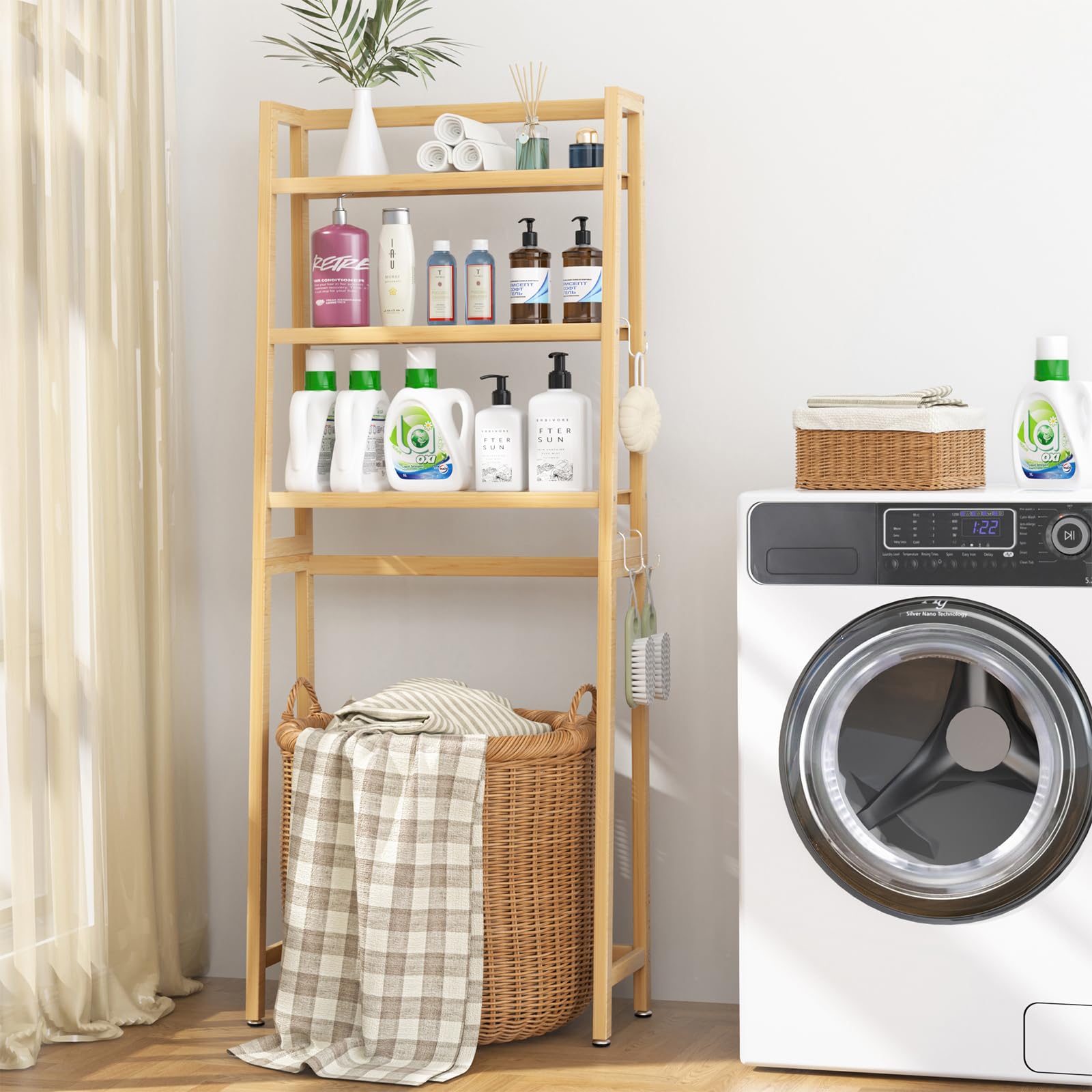 VASMIA Estante de Almacenamiento para baño, Organizador de bambú sobre el Inodoro, Ahorro de Espacio para Inodoro Independiente con estantes Ajustables de 3 Niveles, Natural