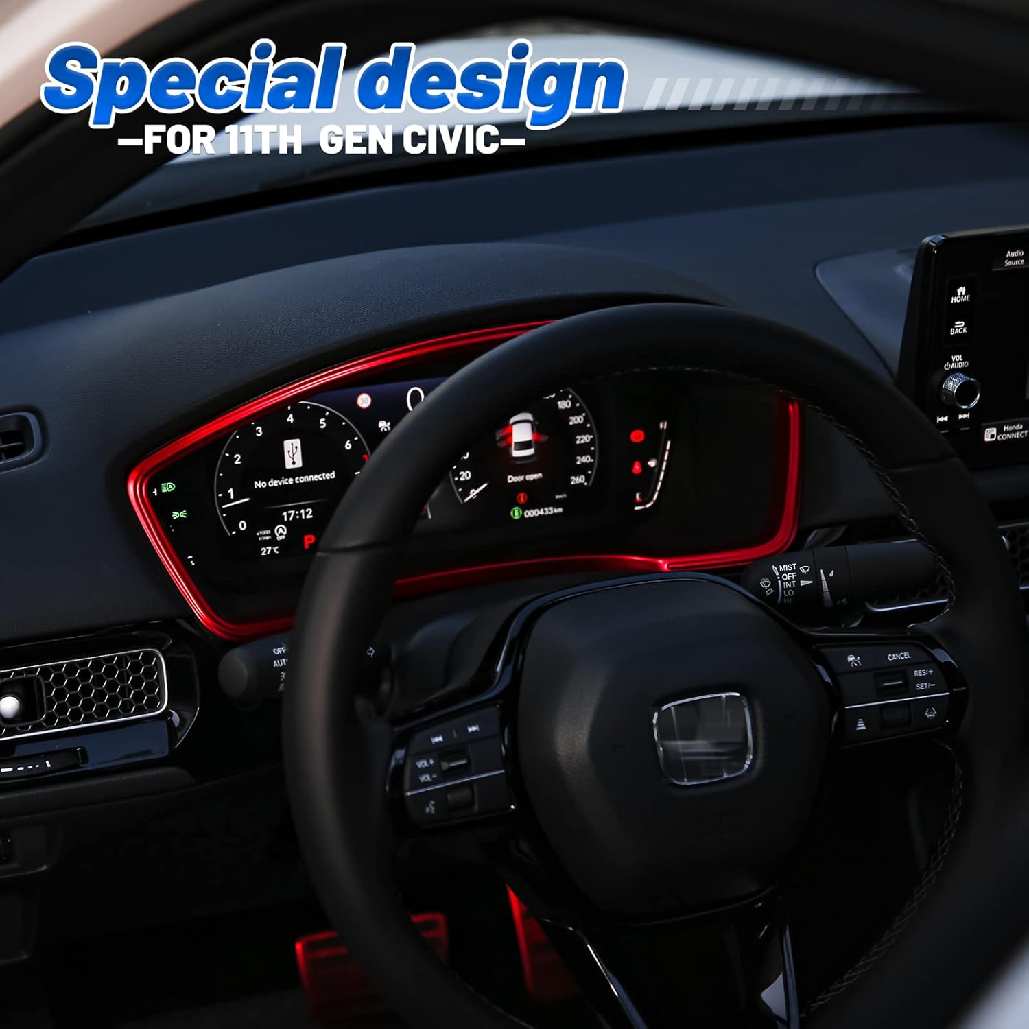 Thenice for 11th Gen Civic Dash Board Trims Instrument Panel Dashboard Cover Compatible with Honda Civic 2022 2023 2024 2025 2026 -Red