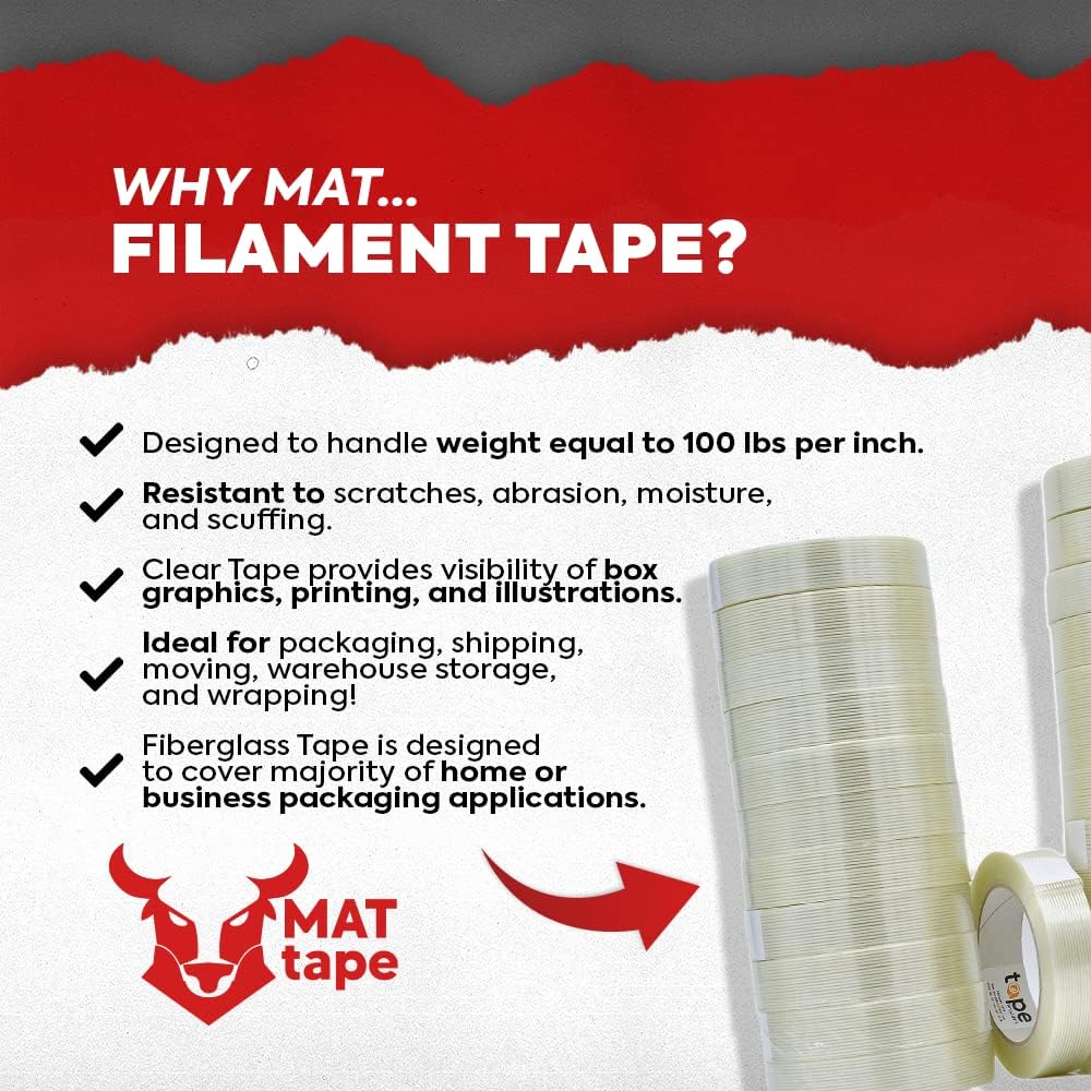 MAT Commodity Grade Fiberglass Reinforced Filament Strapping Tape - 1/2 in. Wide x 60 yds. (Pack of 1) Filaments Run Lengthwise