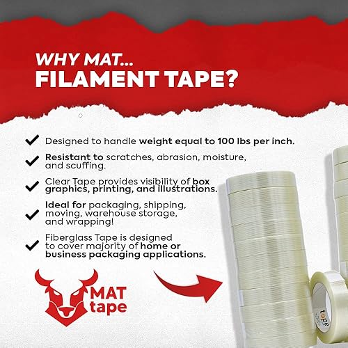 Miniatura 2 de MAT Cinta de fleje de filamento reforzado con fibra de vidrio de grado básico, 34 pulgadas de ancho x 60 yardas (paquete de 48) filamentos que se