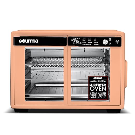 Gourmia French Door Digital Air Fryer Oven - XL 37QT Capacity, 12 Presets, FryForce 360° Tech, Dehydrate, Proof, Slow Cook, Fits 13” Pizza, 1700W, Peach