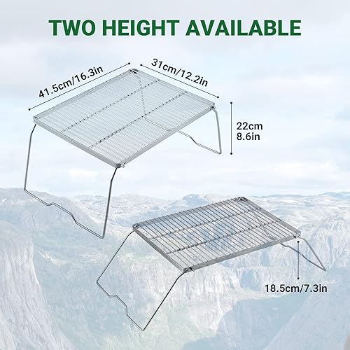 Miniatura 2 de YETO Parrilla de camping de dos alturas con patas de acero inoxidable 304 plegable para fogata sobre fuego portátil y bolsa de transporte para
