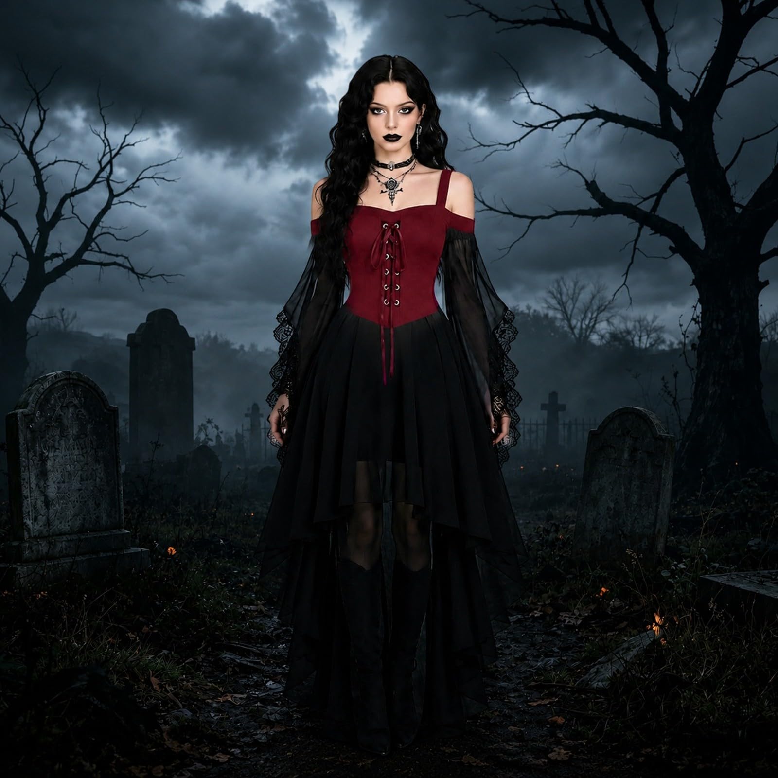 Halloween Costumes Adult Women Cold Shoulder Strap Gothic Dress A-Line Mesh Patchwork Medieval Costume Ladies Vintage Steampunk Lace Up Renaissance Irregular Hem Plus Size Gothic Witch Dress