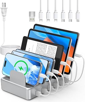 CREATIVE DESIGN 6 Port Charging Station for Multiple Devices,50W Multi Phone Charging Station with 6 Cables, Multiple USB Charger Station Designed for Cellphone iPad iPhone Tablet Silver