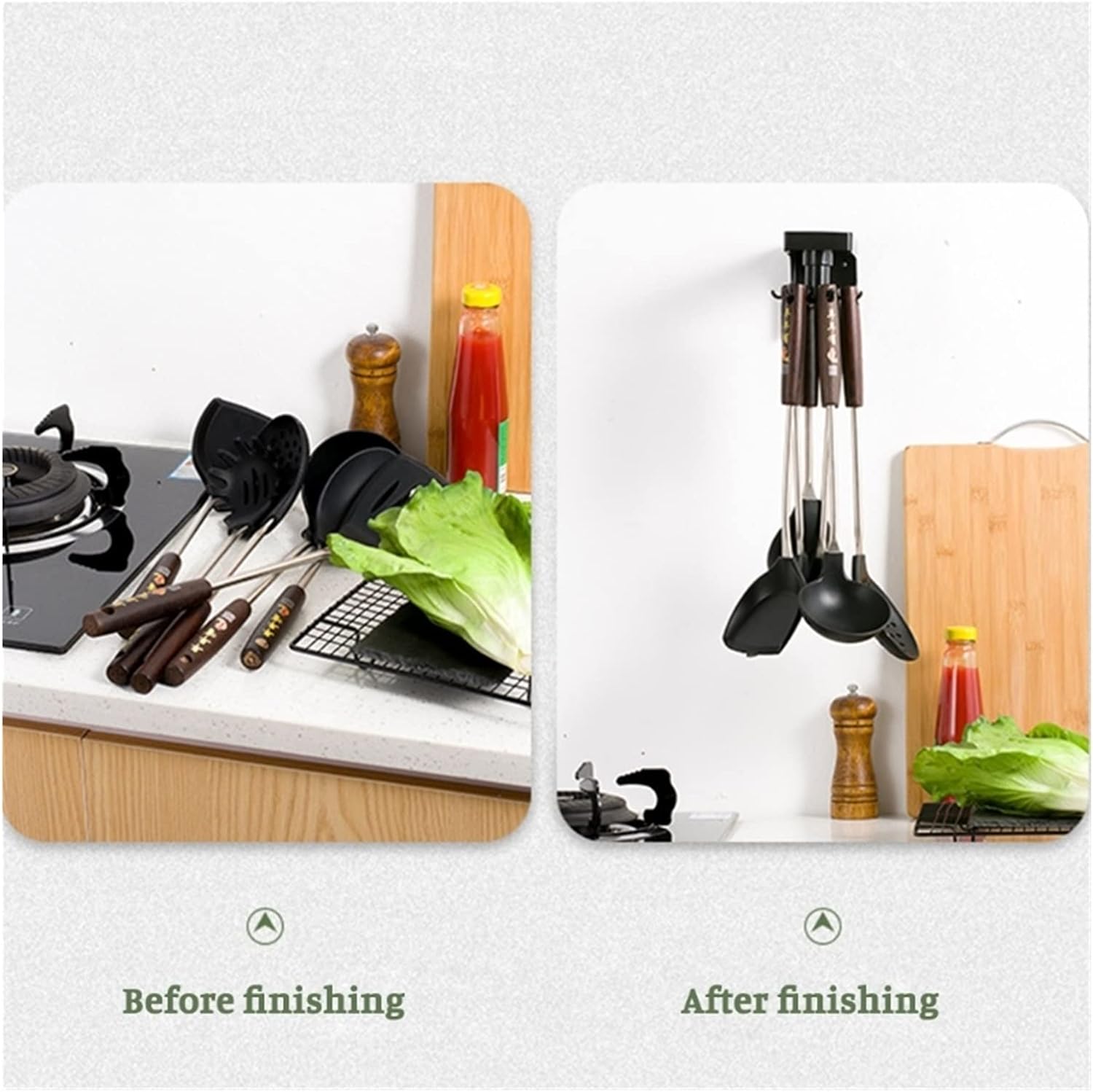 Wall Mounted Kitchen Utensil Holder Multifunctional Organizer With 6 Hooks For Hang Spoons, Towels, Gloves Punch-free Wall-mounted kitchen rack(Light G)