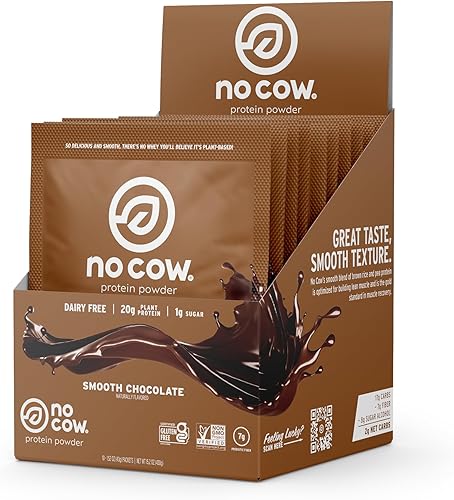 No Cow Proteína vegana en polvo, chocolate, 0.71 onzas de proteína a base de plantas, paquetes de una sola porción, sin lácteos, sin soja, sin