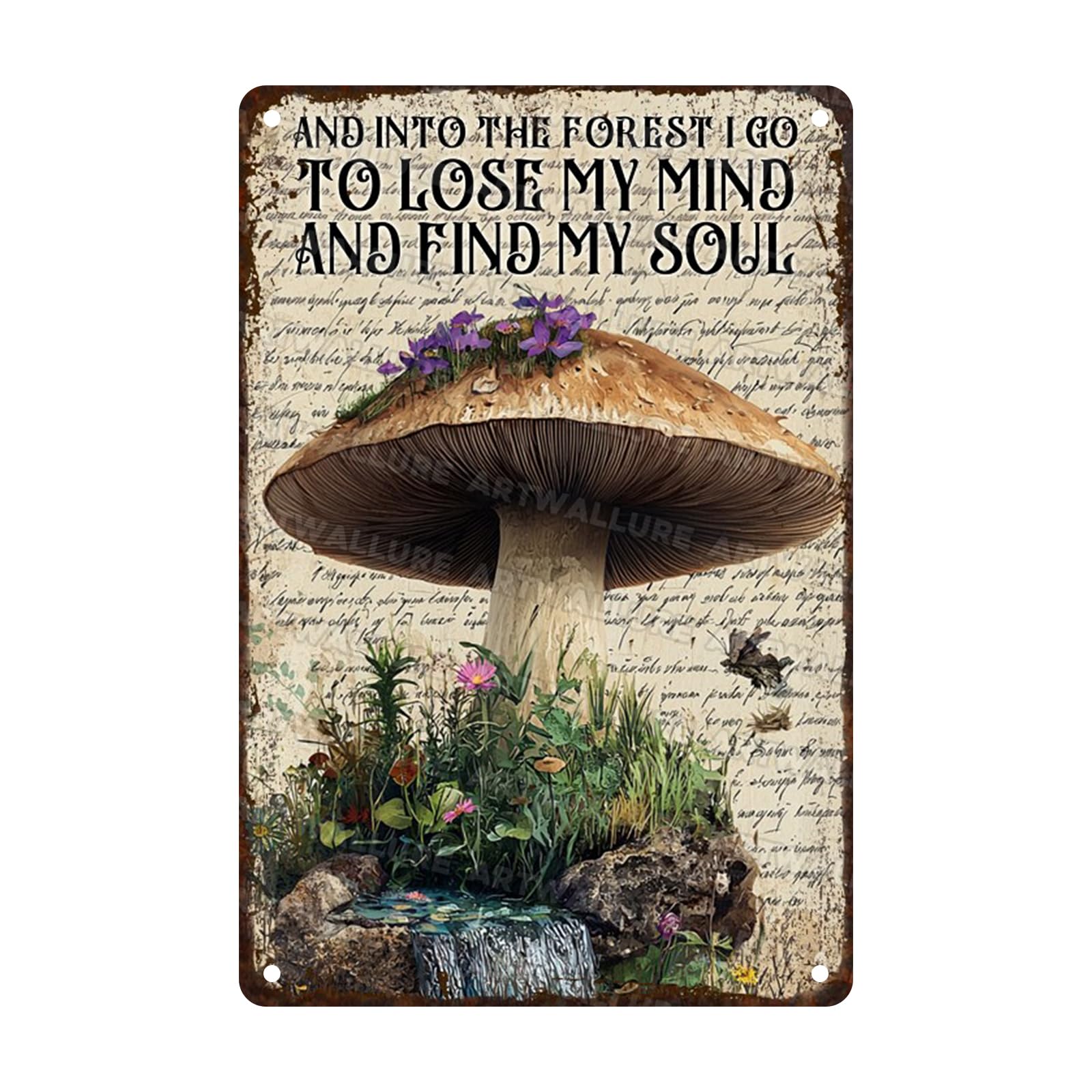 Mushroom Vintage Metal Sign and Into The Forest I Go Wall Art Decor for Man Cave Home Bar Porch Outdoor Metal Tin Sign Wall Art 8x12inch