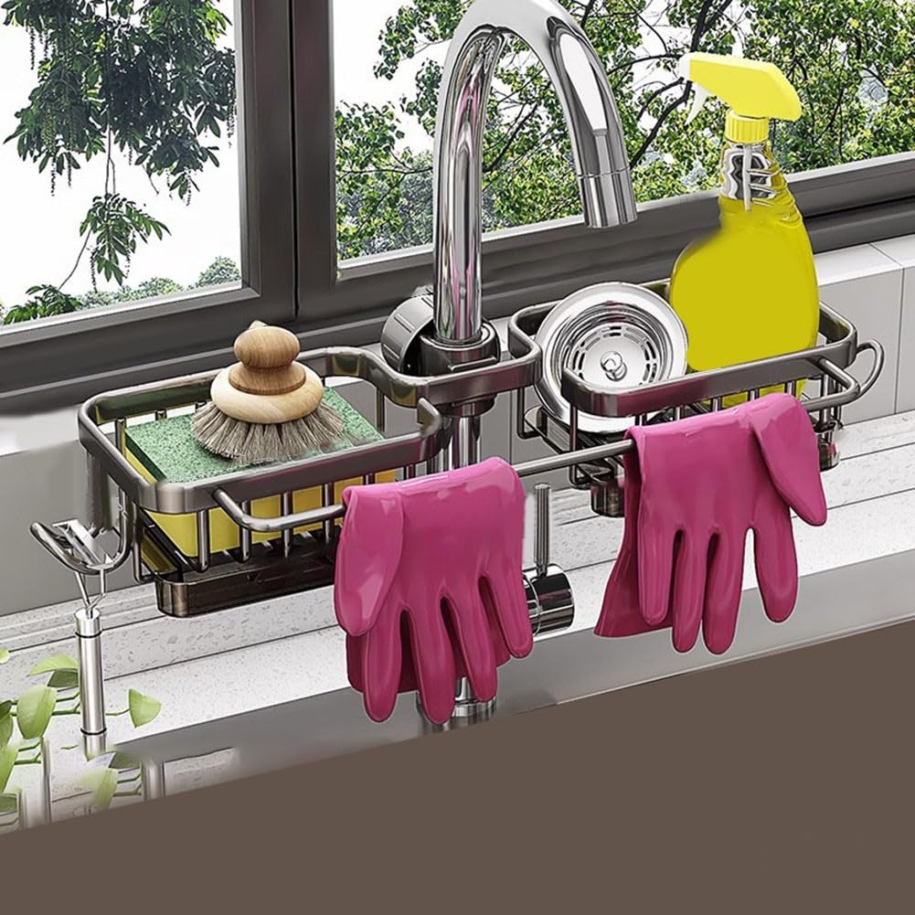 LMYSXAOZ No Drill Kitchen Sink Organizer Tap Storage Rack Multi-Functional Sponge Dishcloth Towel Holder Space Saving Shelf Black Grey Silver