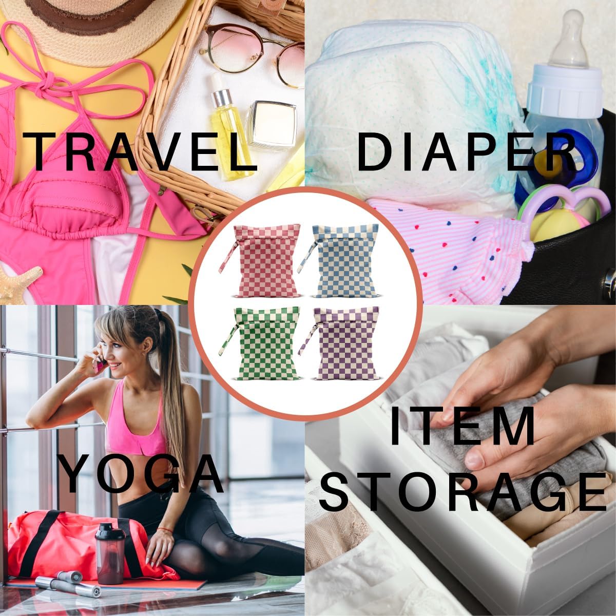 4 Pack Cute Wet Bag Waterproof Washable Reusable Wet Dry Bag for Swimsuit Dirty Clothes Diaper Travel Pool Yoga Gym Birthday Party Camping Toiletries Travel Beach Essentials, Colorful Checkered Color Checkereded 07 227 image 6 of 6 B0FJRZM7S1