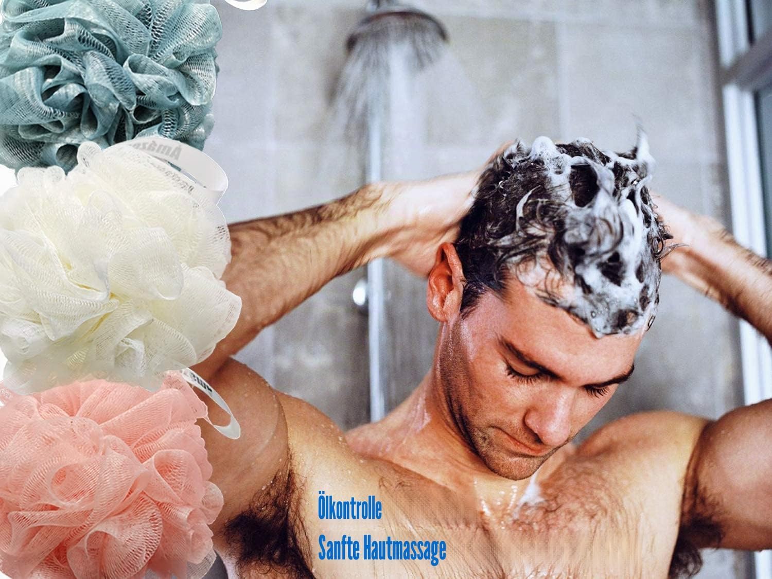 Amazerbst loofah Shower Puff for Women and Men, Soft Body Scrubber Bath Sponge Set of 3 (Pink White Blue)