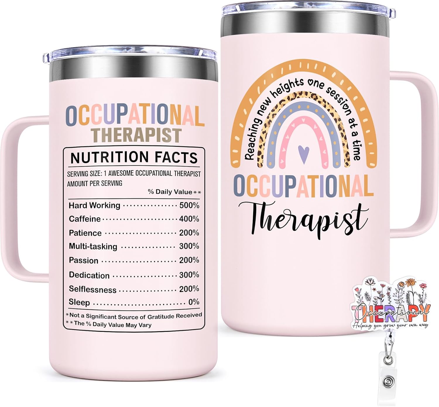 Lifecapido Occupational Therapy Gifts, Occupational Therapist 20oz Insulated Coffee Mug with Badge Reel, Christmas Gift Therapist Gifts for Women Therapists, Rose Quartz