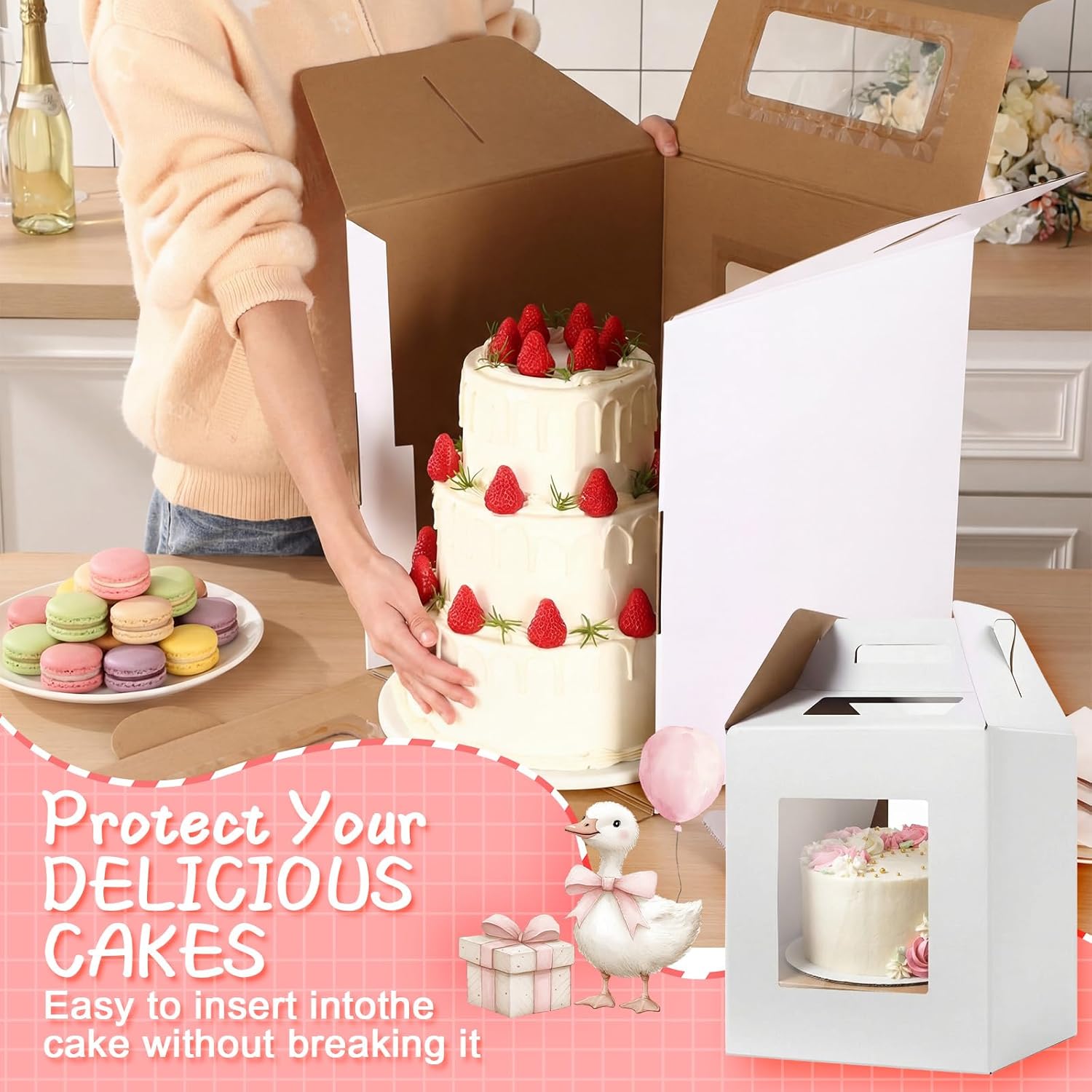10 Packs Tall Cake Boxes 14 x 14 x 16 Inch with Window Boxes for Tier Cake Layer Tall Baking Carrier Large Tiered Bakery Take out Transport Containers with Handle for Wedding Birthday Party