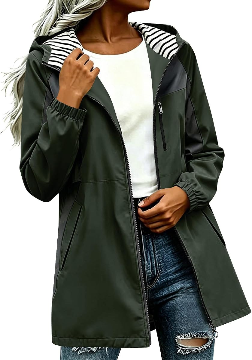 maisdgop windbreaker jacket for women chic Striped Lined Hooded Rain Coat
