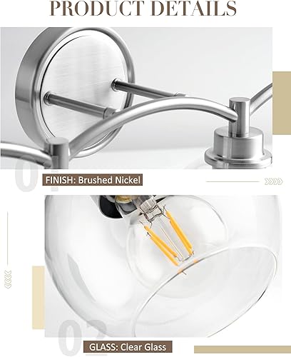 Miniatura 5 de Lámpara de baño de 3 luces, lámpara de tocador de níquel cepillado sobre el espejo, aplique de pared de vidrio globo, ZCVL02BN-3