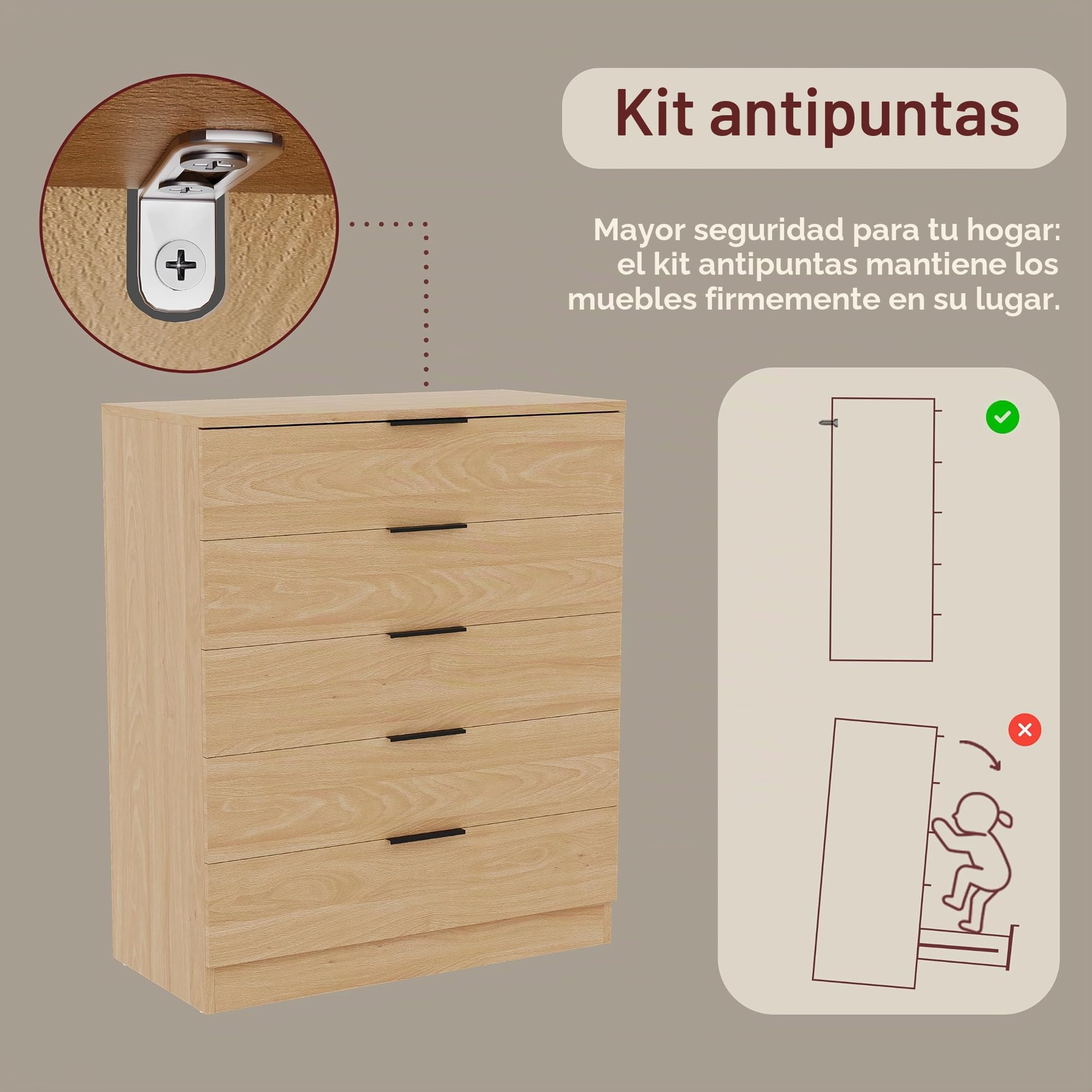 Vida Designs Trega - Cómoda de 5 cajones de Pino – Unidad de Almacenamiento compacta Que Ahorra Espacio – 90 x 66 x 36 cm – Soporte antiarco, Asas Negras Modernas, Corredores deslizantes – Ideal para