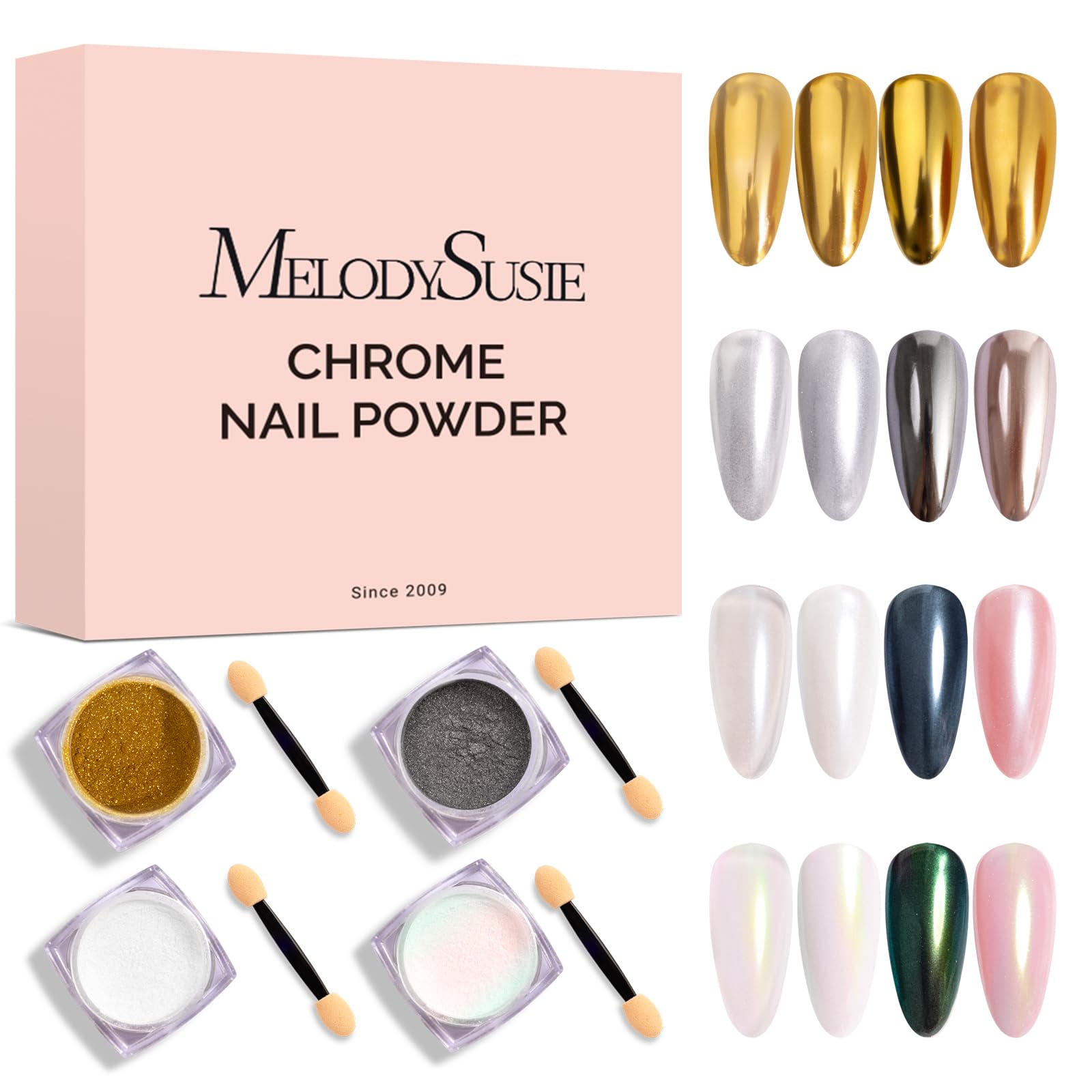 MelodySusie 4Pcs Chrome Nail Powder for Gel Nails, Aurora Fine Glitter Powder Mirror Effect Pigment Pearlescent Mermaid Pigment Pearl Glitter for Home