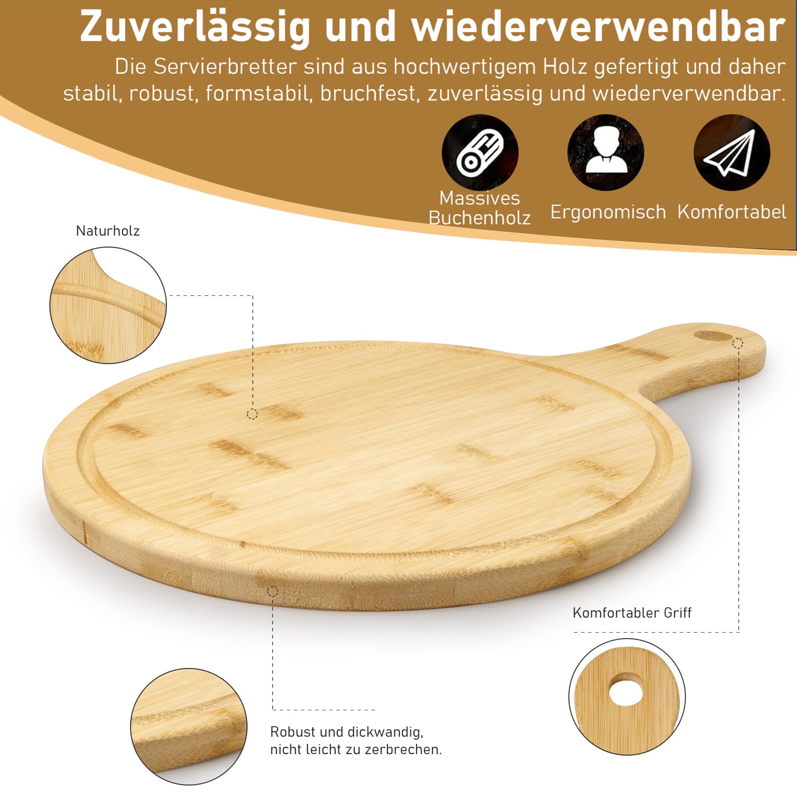 5 tablas de cortar de bambú con asa, tablas de servir redondas, tablas de cocina y tablas de madera para pizza, pan, queso, frutas, verduras, 40 x 28 cm