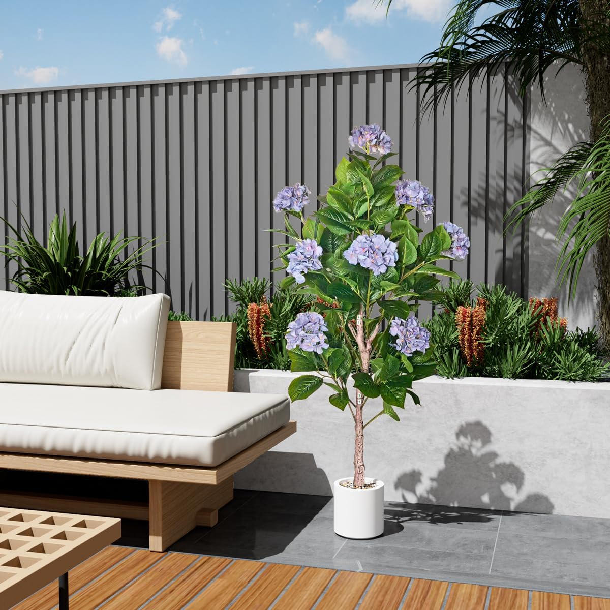5ft Faux Hydrangea Tree, Artificial Hydrangea Tree Indoor, Fake Silk Hydrangea Plant with Light Purple Flower, Potted Flower Tree with White Planter for Home Office Yard Garden Wedding Decor - Image 2