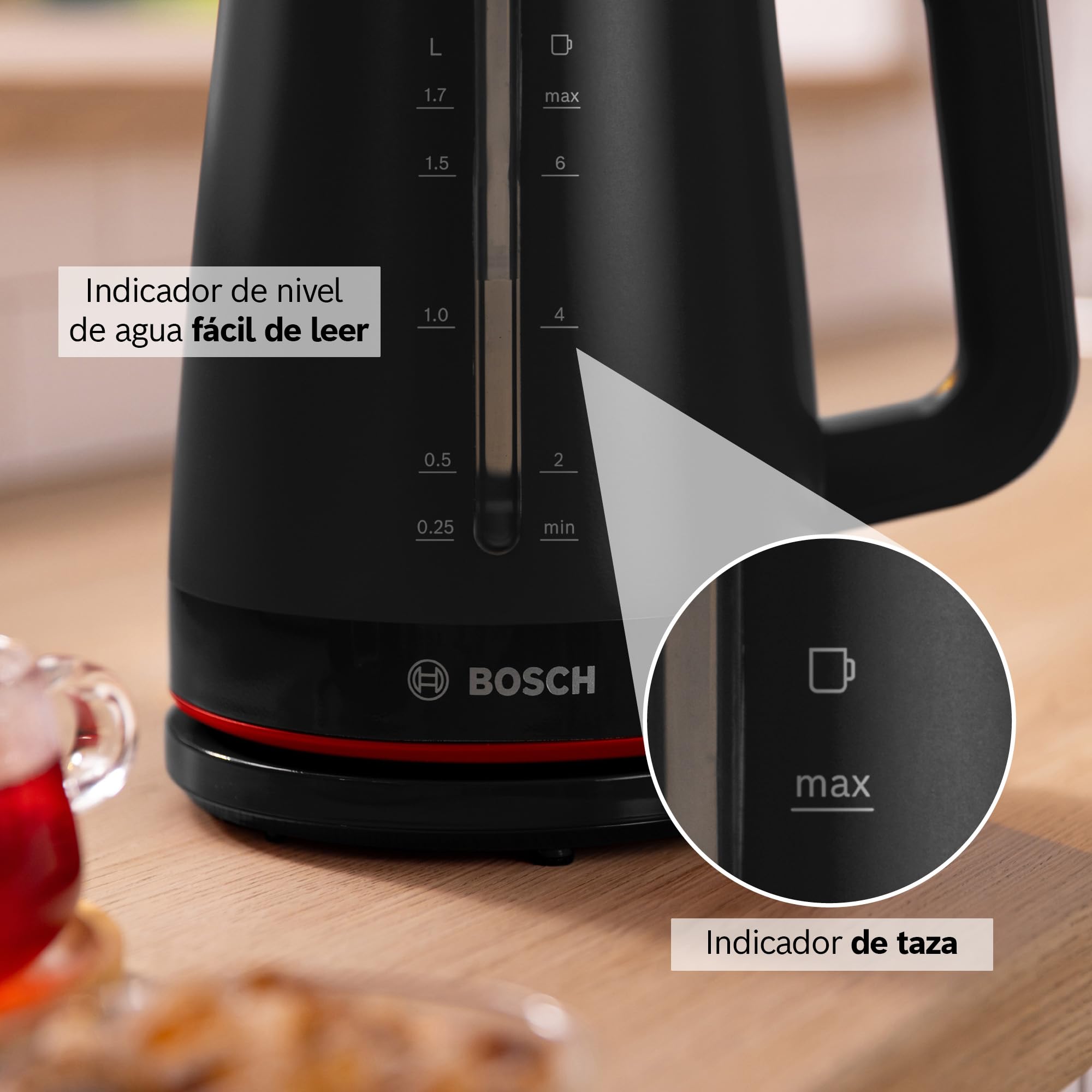 Bosch - Hervidor eléctrico, MyMoment, manejo ergonómico, triple sistema de seguridad, filtro antical, capacidad de 1,7 l, negro, TWK3M123