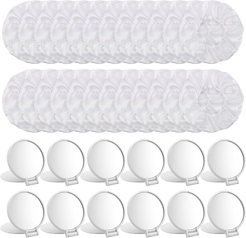 Norme Conjunto com 24 espelhos compactos dobráveis e 24 elásticos de cabelo brancos