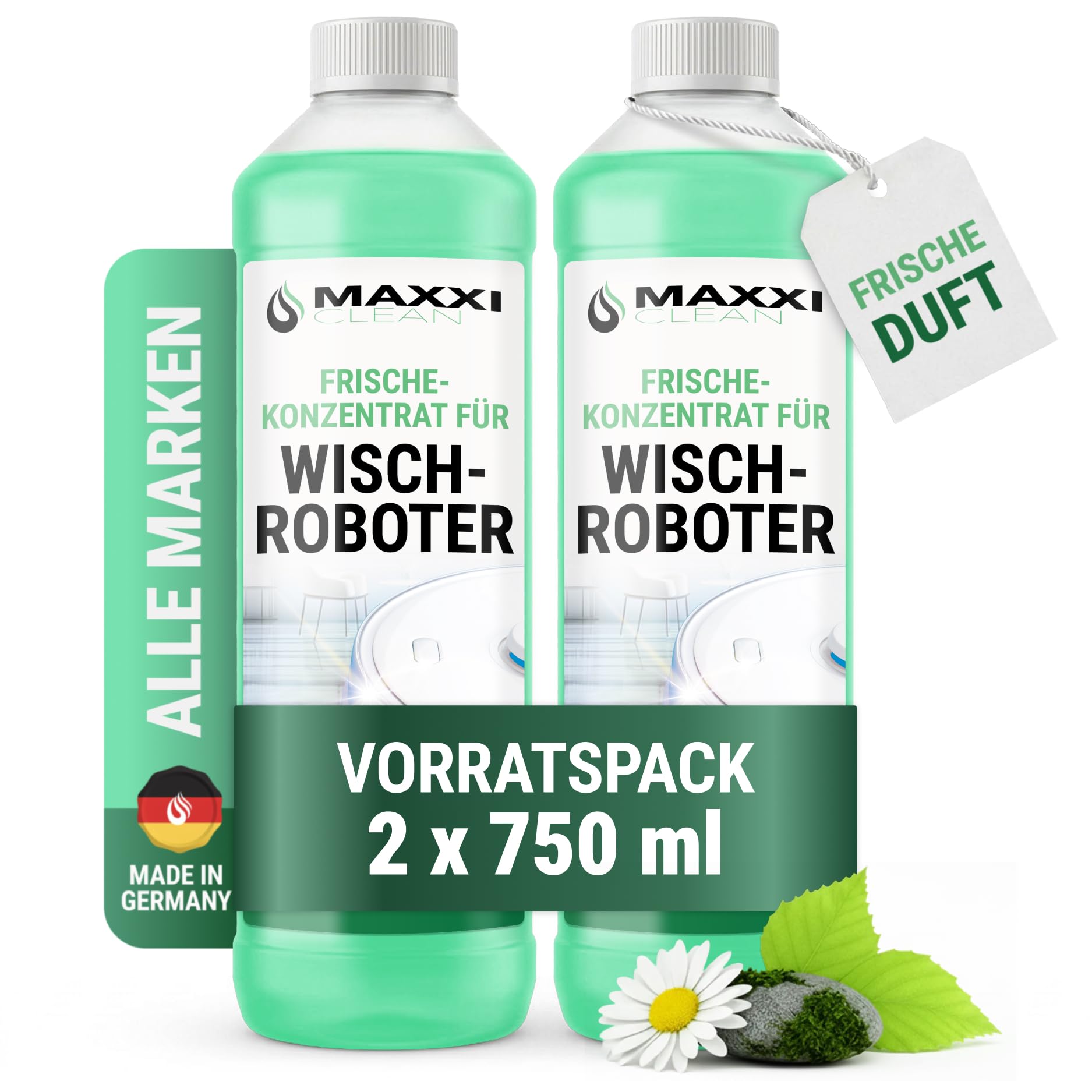 Maxxi Clean | 2 x 750 ml środek do czyszczenia dna o świeżym zapachu, odpowiedni do wszystkich robotów do wycierania, uniwersalny koncentrat czyszczący, płyn do wycierania podłogi, parkietu, płytek